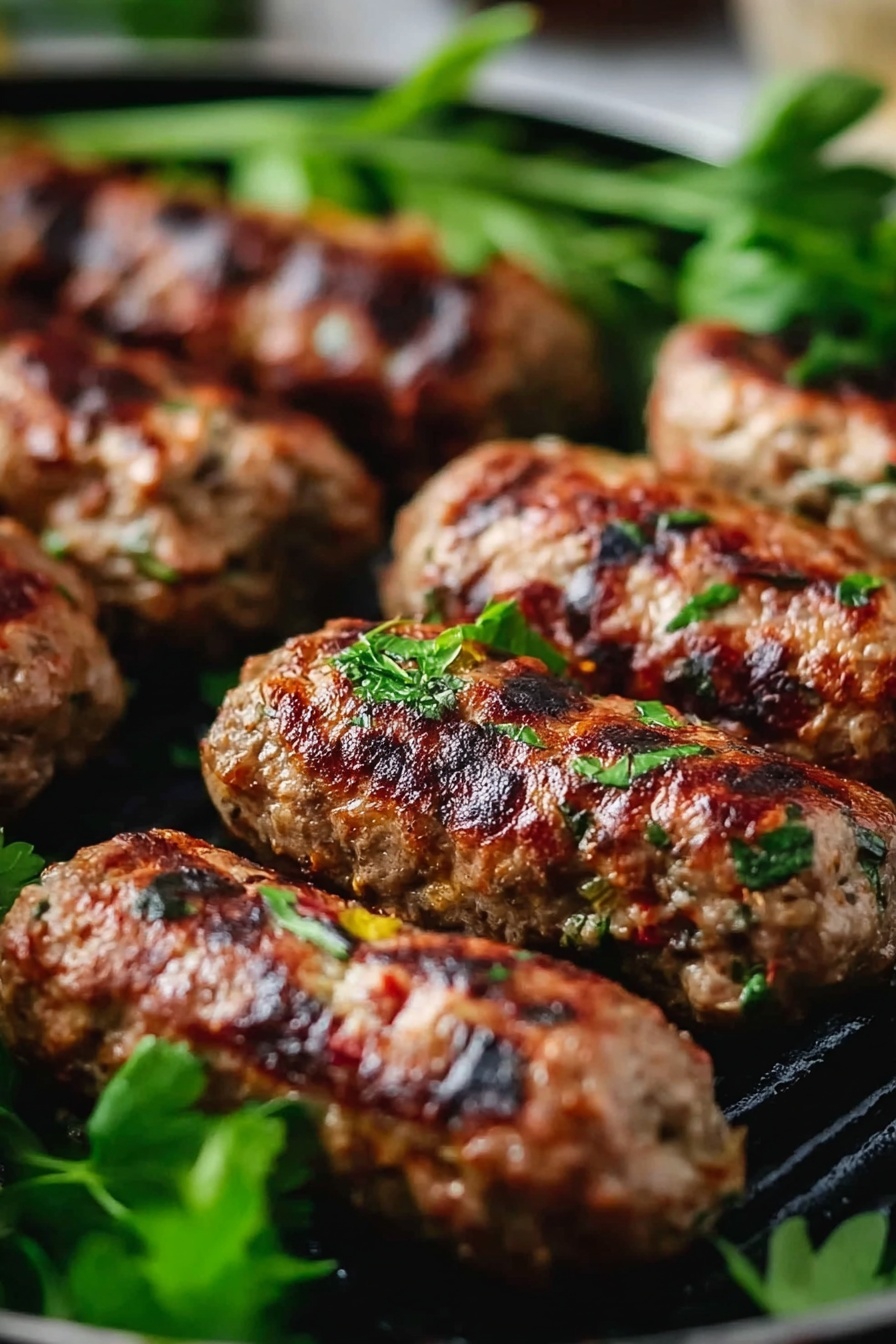 Grilled Chicken Kofta with Garlic Yogurt Sauce Recipe 8 There is a close-up view of many small grilled meat rolls arranged tightly on a black grill pan. The meat rolls are golden brown with visible char marks and are mixed with tiny pieces of red, green, and yellow herbs and spices, giving them a colorful, textured look. Fresh green herbs are sprinkled over the rolls, with some fresh parsley leaves placed around the pan on a white marbled surface. The background is softly blurred to highlight the grilled meat rolls in the foreground photo taken with an iphone --ar 2:3 --v 7 - Grilled Chicken Kofta with Garlic Yogurt Sauce, Chicken Kofta Recipe, Spicy Chicken Kofta, Quick Chicken Dinner, Middle Eastern Chicken Skewers