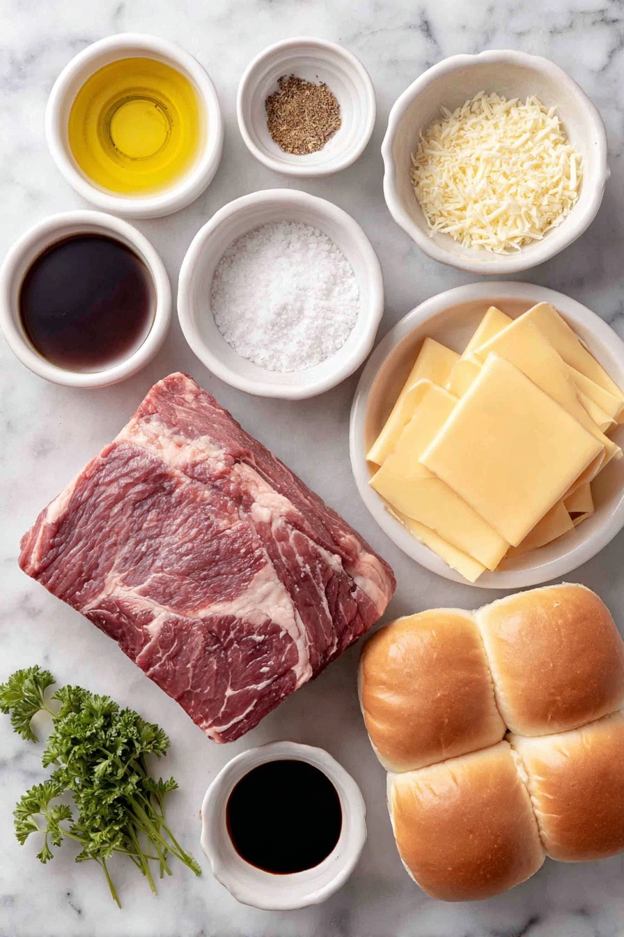 Crockpot French Dip Sandwiches Recipe 7 Flat lay of a whole raw beef chuck roast with natural marbling, a small drizzle of olive oil in a white ceramic bowl, a white ceramic bowl containing coarse salt, another white bowl with ground black pepper, a white bowl holding garlic powder, a white bowl with onion powder, a white ceramic bowl filled with rich dark beef broth, a small white bowl with Worcestershire sauce, a small white bowl containing soy sauce, four fresh golden hoagie rolls, four slices of creamy provolone cheese stacked neatly, and a few sprigs of vibrant green fresh parsley, all arranged symmetrically and naturally placed on a clean white marble surface, soft natural light, photo taken with an iPhone, professional food photography style, fresh ingredients, white ceramic bowls, no bottles, no duplicates, no utensils, no packaging --ar 2:3 --v 7 --p m7354615311229779997 - Crockpot French Dip Sandwiches, Slow Cooker French Dip, Easy French Dip Sandwiches, Tender Beef Sandwiches, Crowd-Pleasing Beef Sandwiches