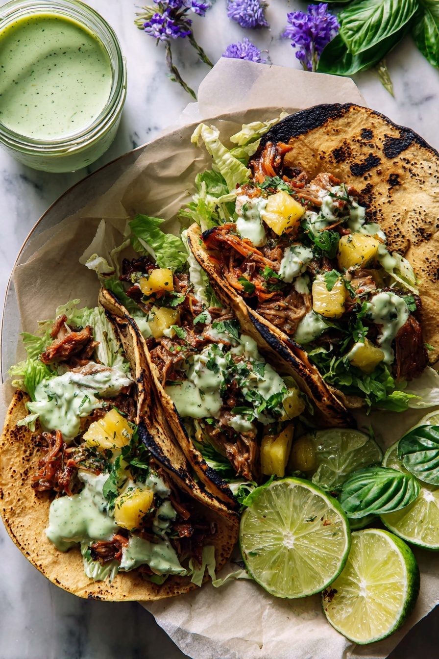 Drei gegrillte Maistortillas mit dunklen Kohlenmarkierungen liegen auf einem weißen Teller, der mit Backpapier ausgekleidet ist, jede gefaltet und mit mehreren Schichten gefüllt. Die untere Schicht besteht aus leuchtend grünem geriebenem Salat, bedeckt mit rötlich-braunem, geriebenem gekochtem Fleisch. Darauf liegen kleine Stücke gelber Ananas und frische grüne Korianderblätter. Eine cremige, hellgrüne Soße wird in ungleichmäßigen Klecksen über das Fleisch geträufelt. Auf der rechten Seite des Tellers liegen Limettenstücke, einige ganz, einige gepresst, mit frischem grünem Basilikum und lila essbaren Blüten daneben. In der oberen linken Ecke enthält ein Glasglas mehr von der cremigen grünen Soße. Die gesamte Szene spielt auf einer weiß marmorierten Oberfläche. Foto aufgenommen mit einem iPhone --ar 2:3 --v 7 - Hawaiianische Hähnchen-Tacos mit Ananas-Salsa, tropisches Hähnchen-Taco-Rezept, einfache hawaiianische Hähnchen-Tacos, Ananas-Salsa-Hähnchen-Taco-Taco-Rezepte, geschmackvolle Taco-Rezepte