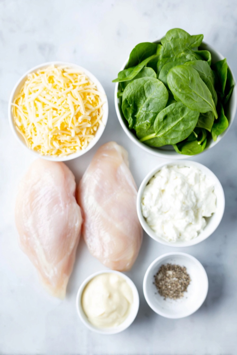 Flache Decke aus zwei rohen Hähnchenbrust, quer durchgeschnitten, einer Handvoll frischer, lebhafter grüner Spinatblätter, einer kleinen weißen Schüssel gefüllt mit geriebenem Monterey-Jack-Käse, einer kleinen weißen Schale cremiger Mayonnaise, einer kleinen weißen Schüssel glatter Sauerrahm, einer kleinen weißen Schüssel mit geriebenem Parmesan, einer kleinen weißen Schüssel mit gemahlenem schwarzem Pfeffer,  eine kleine weiße Schüssel mit Knoblauchsalz, alles symmetrisch und proportional angeordnet, auf einer sauberen weißen Marmoroberfläche platziert, weiches natürliches Licht, Foto mit einem iPhone, professioneller Food-Fotografie-Stil, frische Zutaten, weiße Keramikschalen, keine Flaschen, keine Duplikate, kein Besteck, keine Verpackung --ar 2:3 --v 7 --p m7354615311229779997 - Cremiger Spinat-Hähnchen-Auflauf, gebackener Hähnchenauflauf mit Spinat und Sahne,  Einfache Hähnchenback-Rezepte, familienfreundliche Hühnerauflauf, tröstliche Abendessen-Ideen