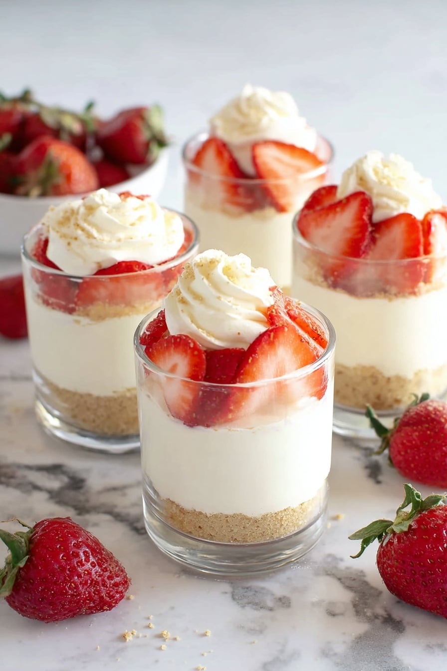 No-Bake Cheesecake Cups with Fruit Recipe 8 The image shows four clear glass cups filled with three layers of dessert. The bottom layer is light brown and crumbly, the middle layer is thick and white, creamy in texture, and the top layer is decorated with bright red sliced strawberries arranged in a circular pattern on some cups and two strawberry slices on others, along with a swirl of white cream. The cups are placed on a white marbled surface with whole red strawberries scattered around them. Photo taken with an iphone --ar 2:3 --v 7 - No-Bake Cheesecake Cups with Fruit, easy cheesecake cups recipe, no-bake dessert, fruit-topped cheesecake, quick cheesecake desserts