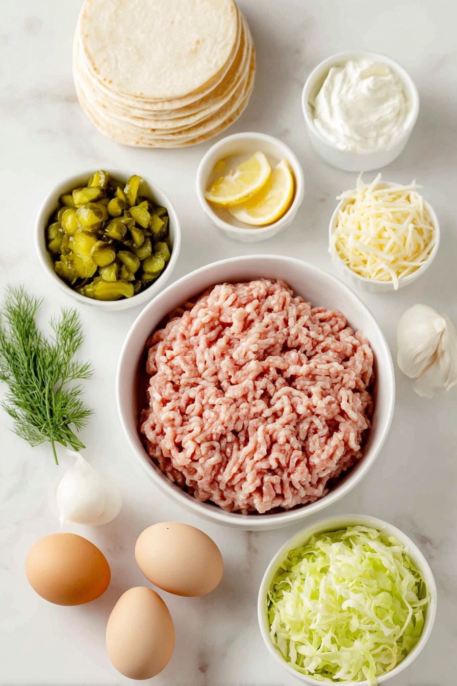 Dill Pickle Chicken Tacos with Crispy Cheese Recipe 7 Flat lay of a raw pound of ground chicken in a simple white ceramic bowl, a small white ceramic bowl filled with bright green chopped dill pickles, another small white ceramic bowl containing shredded mozzarella cheese, a few small fresh garlic cloves, a small white ceramic bowl holding a creamy cottage cheese blended with ranch seasoning and a lemon wedge, a small white ceramic bowl of pickle brine, a small pile of shredded pale green cabbage, a neat stack of eight small soft corn tortillas, and whole uncracked brown eggs arranged symmetrically around the ingredients, all placed on a clean white marble surface, soft natural light, photo taken with an iPhone, professional food photography style, fresh ingredients, white ceramic bowls, no bottles, no duplicates, no utensils, no packaging --ar 2:3 --v 7 --p m7354615311229779997 - Dill Pickle Chicken Tacos, Dill Pickle Chicken Tacos with Crispy Cheese, Easy Chicken Tacos with Dill Pickles, Crispy Cheese Chicken Tacos, Unique Taco Recipes