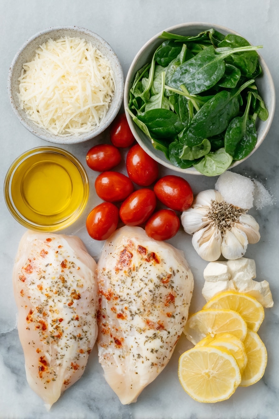 Flache Platte aus vier rohen, knochenlosen, hautlosen Hähnchenfiléen, gewürzt mit grobem Salz, frisch gemahlenem schwarzem Pfeffer und einem kleinen Haufen getrockneten Oregano, ein paar leuchtend roten Kirschtomaten halbiert, einer Handvoll frischer Babyspinatblätter, drei ungebrochenen braunen Knoblauchzehen, einer kleinen weißen Keramikschale mit goldenem nativem Olivenöl, einer kleinen weißen Keramikschale cremiger Sahne,  eine kleine weiße Keramikschale mit frisch geriebenem Parmesan, drei kleine Stücke blassgelber Butter und zwei Zitronenspalten mit leuchtend gelber Schale, alle symmetrisch auf einer sauberen weißen Marmoroberfläche angeordnet, weiches natürliches Licht, Foto mit einem iPhone, professionelle Food-Fotografie, frische Zutaten, weiße Keramikschalen, keine Flaschen, keine Duplikate, kein Besteck,  Keine Verpackung --ar 2:3 --v 7 --p m7354615311229779997 - Cremiges toskanisches Hähnchen, cremiges toskanisches Hähnchen-Rezept, toskanisches Hähnchen-Abendessen, einfache Hühnerrezepte, geschmackvolle Hähnchengerichte