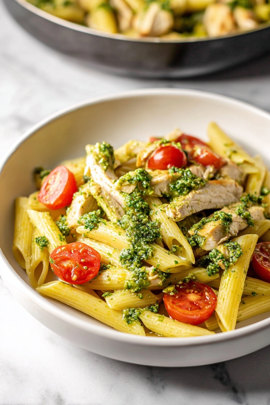 Creamy Pesto Chicken Pasta Recipe 6 The dish shows a bowl with three main layers: the bottom layer is pale yellow penne pasta mixed lightly with a green pesto sauce, giving it a smooth texture; the middle layer has light brown cooked chicken pieces spread evenly on the pasta, topped with patches of vibrant green pesto sauce; the top layer is garnished with bright red halved cherry tomatoes placed around the pasta and chicken. The bowl is white and sits on a white marbled surface, with a blurred pan of the same dish in the background. Photo taken with an iphone --ar 2:3 --v 7 - Creamy Pesto Chicken Pasta, easy creamy chicken pasta, quick pesto pasta, homemade chicken pasta recipe, flavorful pasta dishes