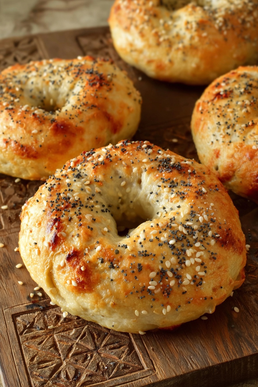Protein Bagel Rezept Recipe 8 Three toasted bagels sit on a wooden cutting board with carved geometric patterns on the left side. Each bagel is golden brown with a slightly crispy texture and is topped with sesame and poppy seeds. The bagels have a well-defined hole in the center and soft, fluffy interiors visible around the edges. The cutting board rests on a white marbled surface, and a gray cloth with a geometric pattern is partially visible in the top right corner. Photo taken with an iphone --ar 2:3 --v 7 - Protein Bagel Rezept, protein bagels with quark, healthy homemade bagel recipe, quick high-protein breakfast ideas, easy wholesome bagel recipe