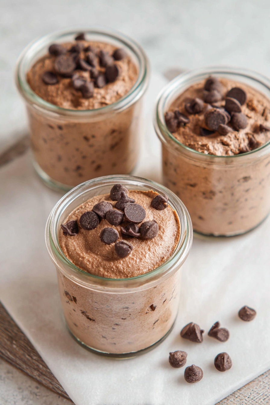 Cottage Cheese Chocolate Mousse Recipe 6 Three clear glass jars on a white marbled texture surface with a layer of white paper underneath. Each jar is filled with a thick, light brown chocolate mousse-like mixture that has a creamy and slightly textured look. The top layer of each jar is decorated with several dark brown chocolate chips scattered unevenly. Some chocolate chips also lie on the white paper by the jars. The arrangement is close-up and focused on the jars, showing the smooth and rich texture of the mousse inside. photo taken with an iphone --ar 2:3 --v 7 - Cottage Cheese Chocolate Mousse, healthy chocolate mousse, protein-packed dessert, easy chocolate mousse recipe, whipped cottage cheese dessert