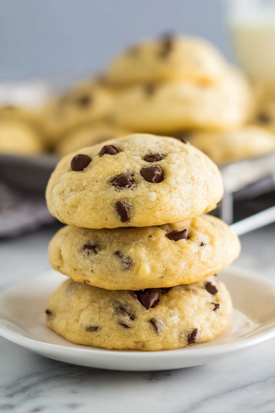 Cottage Cheese Chocolate Chip Cookies Recipe 6 A stack of three thick, soft chocolate chip cookies sits on a shiny white plate with a smooth surface. Each cookie is light golden brown with a fluffy texture and visible dark chocolate chips spread throughout. The cookies are slightly rounded and look soft and fresh. In the blurred background, more cookies rest on a metal tray. The whole scene is set on a white marbled surface, giving a clean and simple look. photo taken with an iphone --ar 2:3 --v 7 - Cottage Cheese Chocolate Chip Cookies, healthy cookie recipes, soft chocolate chip cookies, nutritious dessert ideas, quick simple cookies