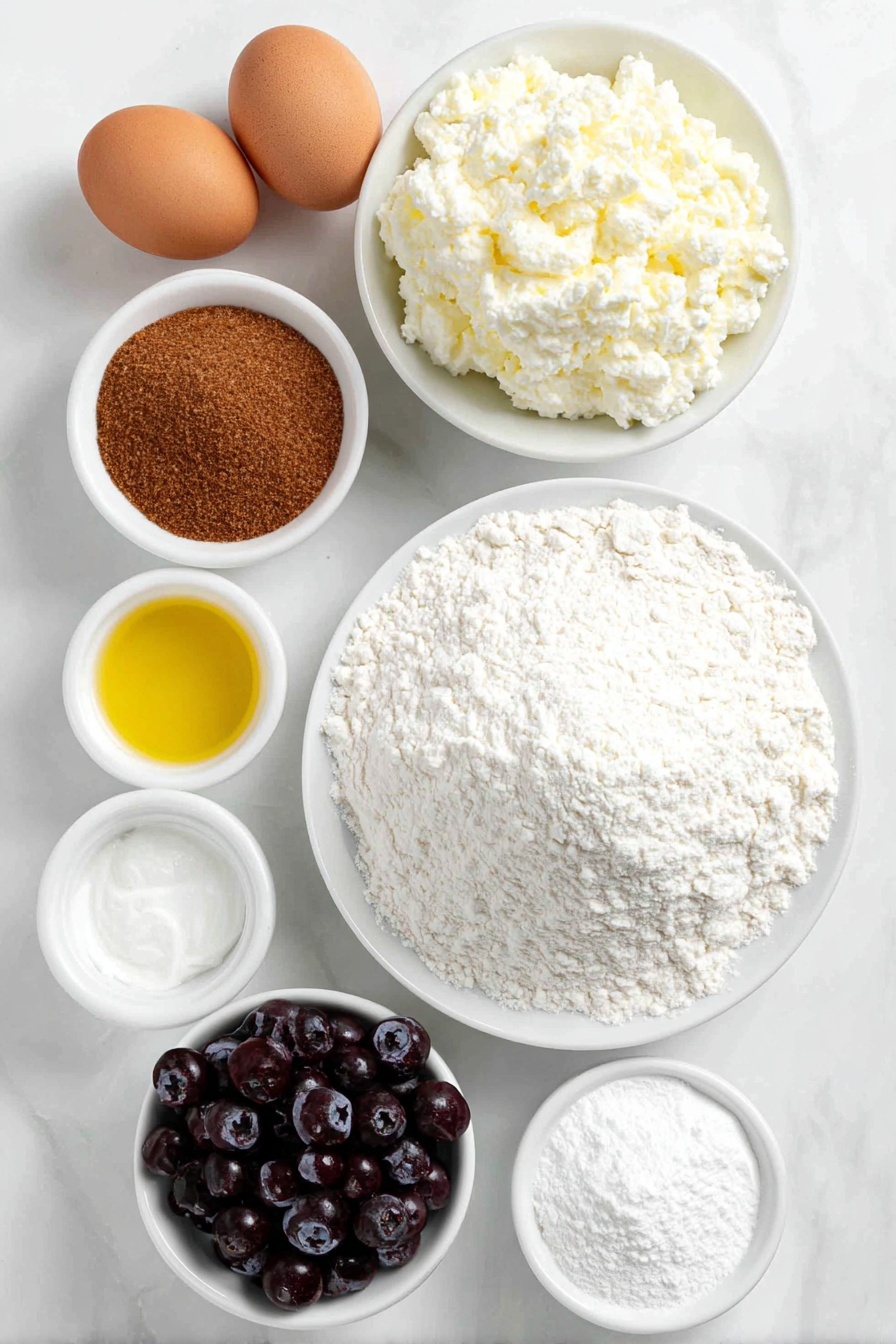 Blueberry Cottage Cheese Muffins Recipe 7 Flat lay of a small mound of all-purpose flour on a simple white ceramic plate, a neat pile of light brown coconut sugar on a white ceramic dish, two whole uncracked brown eggs, a generous spoonful of creamy white cottage cheese on a white ceramic bowl, a small white bowl containing clear coconut oil, a little heap of fine ground cinnamon, small white bowls holding baking powder and baking soda, and a cluster of fresh plump blueberries arranged on a white ceramic plate, placed on a clean white marble surface, soft natural light, photo taken with an iPhone, professional food photography style, fresh ingredients, white ceramic bowls, no bottles, no duplicates, no utensils, no packaging --ar 2:3 --v 7 --p m7354615311229779997 - Blueberry Cottage Cheese Muffins, blueberry muffins with cottage cheese, healthy blueberry muffin recipe, moist blueberry muffins, easy blueberry muffin recipe