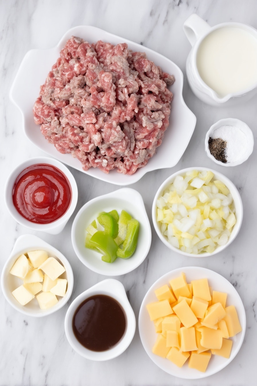 Philly Cheesesteak Stuffed Shells Recipe 7 Flat lay of a pound of fresh lean ground beef, a few tablespoons of creamy butter in a small white bowl, one small yellow onion diced into small cubes on a white ceramic plate, one small green bell pepper diced on a separate white plate, a small white bowl of bright red ketchup, a small white bowl of dark Worcestershire sauce, coarse kosher salt crystals on a tiny white dish, freshly ground black peppercorns in another small white bowl, several small cubes of vibrant orange cheddar cheese on a white plate, a perfectly arranged layer of uncooked jumbo pasta shells, a small white bowl with white cornstarch powder, a small white bowl filled with whole milk, a small white bowl containing rich brown beef broth placed symmetrically – all ingredients fresh and natural, no packaging, no duplicates, no utensils, simple white ceramic bowls and plates, arranged with perfect symmetry and realistic proportions, placed on a clean white marble surface, soft natural light, photo taken with an iPhone, professional food photography style, fresh ingredients, white ceramic bowls, no bottles, no duplicates, no utensils, no packaging --ar 2:3 --v 7 --p m7354615311229779997 - Philly Cheesesteak Stuffed Shells, Philly Cheesesteak stuffed shells recipe, stuffed shells with cheesesteak filling, Italian pasta with cheesesteak flavors, crowd-pleasing stuffed pasta dish