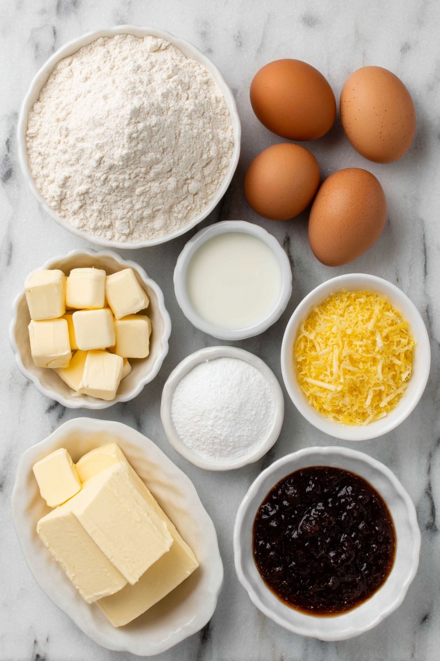 Raspberry Swirl Brioche Bread Recipe 7 Flat lay of a small mound of all-purpose flour, a small white bowl of warm milk, two whole brown eggs with clean shells, a few tablespoons of softened unsalted butter shaped into small pats, a small white bowl of granulated sugar, a small white bowl of raspberry preserves with a rich red color, a small white bowl of cornstarch powder, a few fresh lemon zest strips, a small white bowl of powdered sugar, a small white bowl of lemon juice, a small white bowl of milk or cream, all arranged with perfect symmetry and balanced proportions on a clean white marble surface, soft natural light, photo taken with an iPhone, professional food photography style, fresh ingredients, white ceramic bowls, no bottles, no duplicates, no utensils, no packaging --ar 2:3 --v 7 --p m7354615311229779997 - Raspberry Swirl Brioche Bread, braided raspberry bread, homemade raspberry brioche, breakfast brioche with raspberry filling, easy raspberry bread recipe