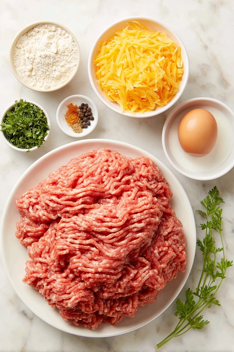 Poor Man’s Hamburger Steaks with Mushroom Gravy Recipe 7 Flat lay of fresh raw ground beef piled loosely, a small white ceramic bowl filled with crushed saltine crackers, a whole uncracked brown egg, a small white bowl with whole milk, a small white bowl containing bright green freshly chopped parsley, a small white bowl of golden all-purpose flour, a few sprigs of fresh Italian seasoning herbs, small white bowls each holding garlic powder, onion powder, and cayenne powder, scattered kosher salt crystals and whole black peppercorns on the side, all arranged in perfect symmetry on a clean white marble surface, soft natural light, photo taken with an iPhone, professional food photography style, fresh ingredients, white ceramic bowls, no bottles, no duplicates, no utensils, no packaging --ar 2:3 --v 7 --p m7354615311229779997 - Poor Man’s Hamburger Steaks with Mushroom Gravy, budget-friendly hamburger steaks, easy comfort food recipes, hearty mushroom gravy dishes, simple family-friendly dinner ideas
