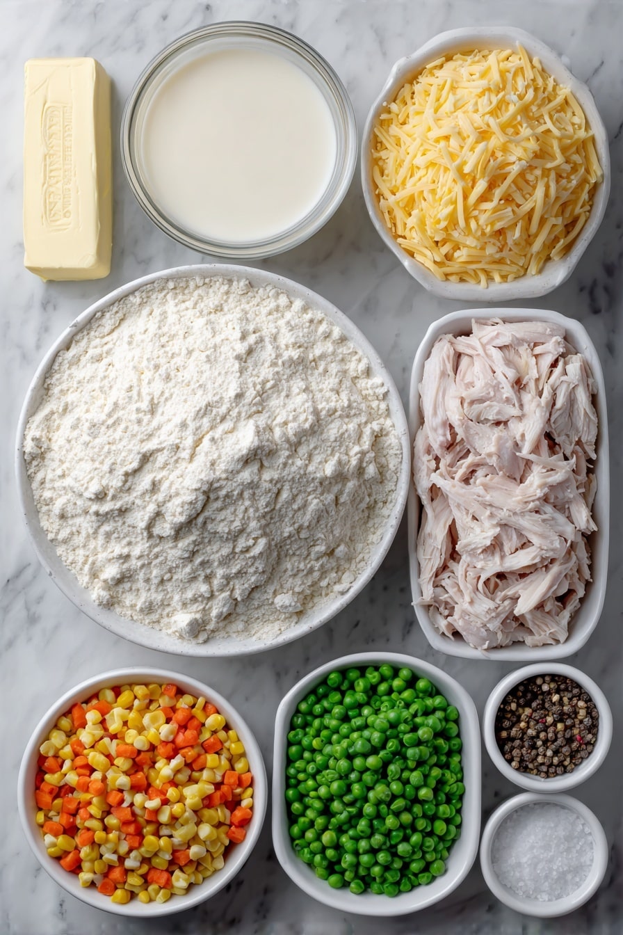 Cheddar Bay Chicken Pot Pie Recipe 7 Flat lay of a small white ceramic bowl of fine pale biscuit mix powder, a whole stick of salted butter, a small white bowl of shredded sharp cheddar cheese, a small white bowl of creamy chicken soup, a small white bowl of golden chicken broth, a neat pile of shredded cooked chicken, a small white bowl of whole milk, a small white bowl of mixed frozen vegetables with vibrant carrots, peas and corn, a small white bowl of salt crystals, a small white bowl of black peppercorns, and a small white bowl of poultry seasoning powder, placed on a clean white marble surface, soft natural light, photo taken with an iPhone, professional food photography style, fresh ingredients, white ceramic bowls, no bottles, no duplicates, no utensils, no packaging --ar 2:3 --v 7 --p m7354615311229779997 - Cheddar Bay Chicken Pot Pie, chicken pot pie with cheddar biscuits, cheesy chicken casserole, easy chicken pot pie recipe, savory chicken pie