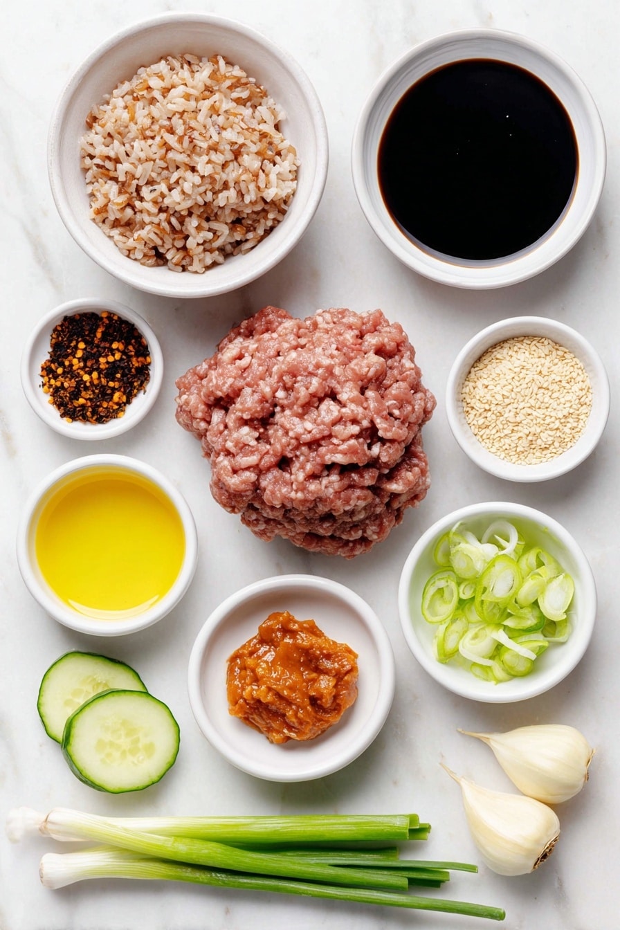 Korean Beef Bowl Recipe 7 Flat lay of a small white ceramic bowl of low sodium soy sauce, a small white ceramic bowl with light brown sugar, a small white ceramic bowl holding golden sesame oil, a small white ceramic bowl with crushed red pepper flakes, a mound of raw lean ground beef, a small pile of chopped yellow onion, two whole uncracked garlic cloves, a small piece of fresh ginger root with a bit grated, a simple mound of cooked brown rice, a small sliced cucumber with skin on, a small white ceramic bowl of bright red Gochujang sauce, a small pile of light brown sesame seeds, and two whole sliced scallions showing white and green parts, all arranged symmetrically on a clean white marble surface, soft natural light, photo taken with an iPhone, professional food photography style, fresh ingredients, white ceramic bowls, no bottles, no duplicates, no utensils, no packaging --ar 2:3 --v 7 --p m7354615311229779997 - Korean Beef Bowl, Korean Beef Bowl recipe, easy Korean beef bowl, quick beef bowl dinner, flavorful Korean beef bowl