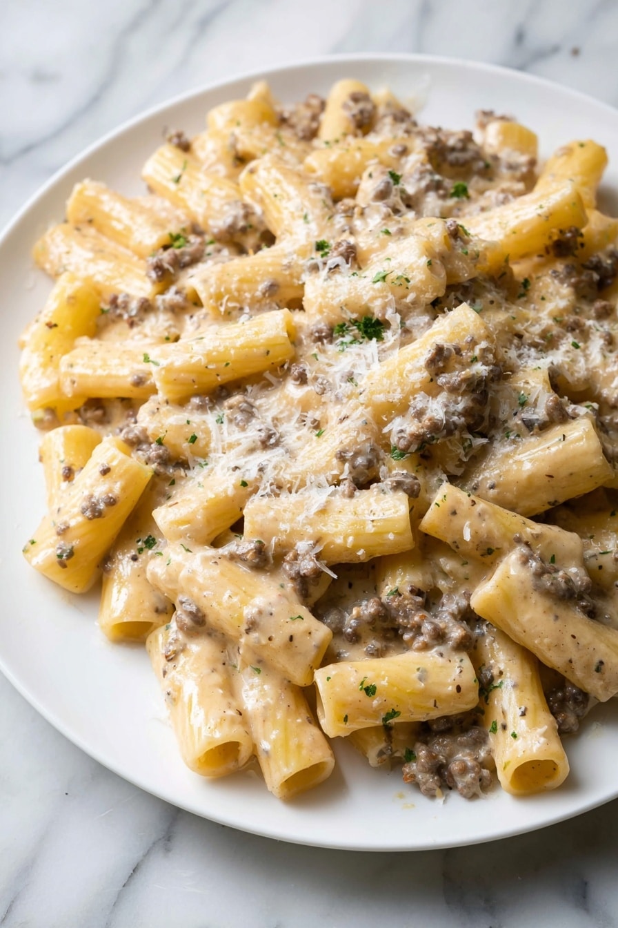 Creamy Beef Pasta Recipe 8 A white plate with a single layer of rigatoni pasta covered in a creamy light brown sauce with tiny pieces of ground meat, topped with a light sprinkle of grated cheese. The pasta tubes are mixed and densely packed together, with the sauce evenly coating each piece, giving a smooth and slightly glossy look. The plate is on a white marbled surface. photo taken with an iphone --ar 2:3 --v 7 - Creamy Beef Pasta, creamy beef pasta recipe, hearty beef pasta dish, easy beef pasta dinner, cheesy beef pasta