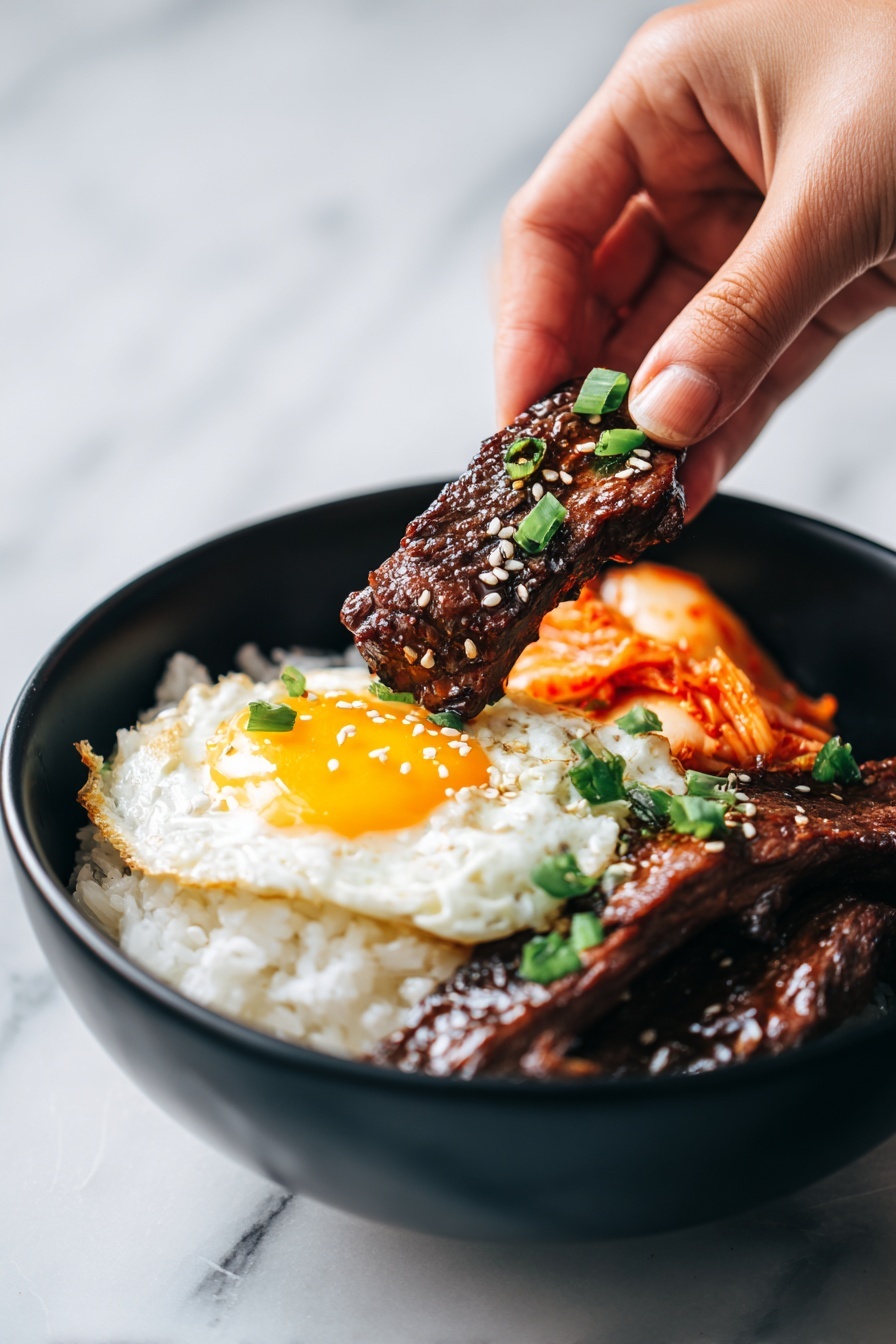 Korean Beef Bulgogi Recipe 8 The image shows a close-up of a white bowl filled with a bottom layer of white rice topped with several pieces of dark brown glazed beef slices. The beef is shiny with sauce and sprinkled with small white sesame seeds and chopped green onions. A pair of wooden chopsticks held by a woman's hand is lifting one piece of beef above the bowl. The background has a soft blur effect with hints of more food items. The bowl is placed on a white marbled surface. photo taken with an iphone --ar 2:3 --v 7 - Korean Beef Bulgogi, Korean Beef Bulgogi recipe, how to make Bulgogi, Korean marinated beef, easy Korean beef dishes