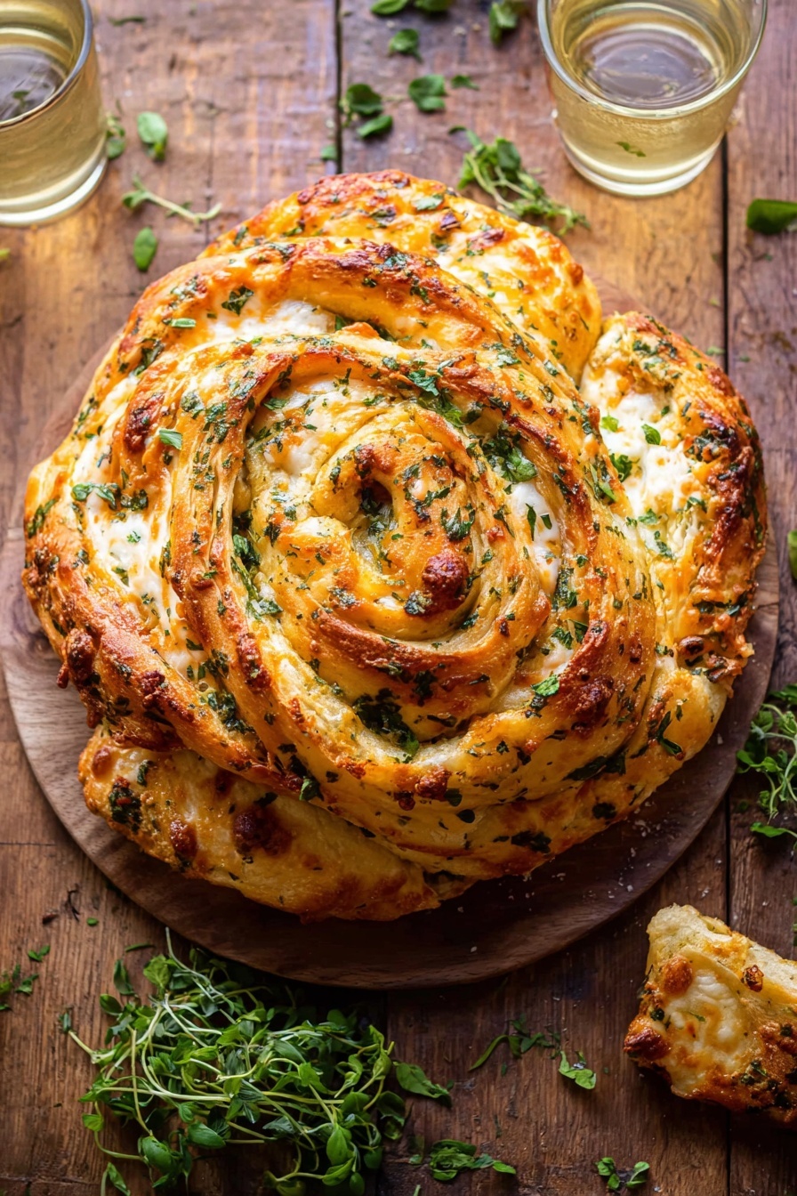 Garlic Herb Cheddar Cheese Bread Recipe 6 A thick spiral-shaped bread with multiple layers of golden brown dough mixed with melted white and orange cheese, sprinkled with small green herb leaves on top. The bread's outer layer is browned and slightly crisp, while the inside shows soft, cheesy, and fluffy swirls. It rests on a wooden surface with scattered fresh green herb sprigs, and two glasses of light-colored drink are nearby. The overall look is warm, cozy, and inviting. Photo taken with an iphone --ar 2:3 --v 7 - Garlic Herb Cheddar Cheese Bread, cheesy garlic bread, homemade savory bread, herb-infused bread, cheese and herb bread recipe