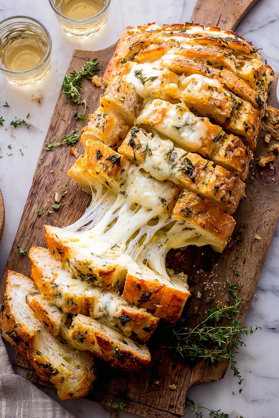 Garlic Herb Cheddar Cheese Bread Recipe 8 The image shows a loaf of bread sliced into several pieces, with melted cheese stretching between the slices, giving a gooey, stretchy texture. The bread has a golden-brown crust with herbs and melts of white and orange cheese on top, creating a layered look of soft, melted cheese inside and a crusty outer layer. The loaf rests on a wooden board with some green herbs around it, and two glasses of light-colored drinks are visible in the background. The surface is a white marbled texture. photo taken with an iphone --ar 2:3 --v 7 - Garlic Herb Cheddar Cheese Bread, cheesy garlic bread, homemade savory bread, herb-infused bread, cheese and herb bread recipe