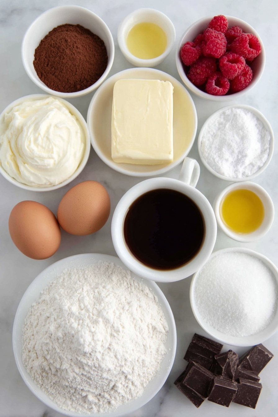 Chocolate Raspberry Layer Cake Recipe 7 Flat lay of a small mound of all-purpose flour, a small pile of granulated sugar, a small heap of cocoa powder, a few teaspoons of baking soda, baking powder, and salt arranged in small white ceramic bowls, three whole uncracked brown eggs, a small white ceramic bowl with buttermilk, a small white ceramic bowl with cold black coffee, a small white ceramic bowl with light golden canola oil, a small white ceramic bowl with clear vanilla extract, fresh whole raspberries scattered naturally and a small white ceramic bowl with lemon juice, a small white ceramic bowl with cornstarch powder, a block of cream cheese softened on a simple white ceramic plate, a small pat of butter on a white ceramic dish, a small white ceramic bowl filled with powdered sugar, a small white ceramic bowl with heavy cream, a small white ceramic bowl with finely chopped semi-sweet chocolate pieces, a small white ceramic bowl with light corn syrup placed neatly on a clean white marble surface, soft natural light, photo taken with an iPhone, professional food photography style, fresh ingredients, white ceramic bowls, no bottles, no duplicates, no utensils, no packaging --ar 2:3 --v 7 --p m7354615311229779997 - Chocolate Raspberry Layer Cake, chocolate raspberry cake recipe, layered chocolate raspberry cake, easy chocolate berry cake, homemade raspberry chocolate cake