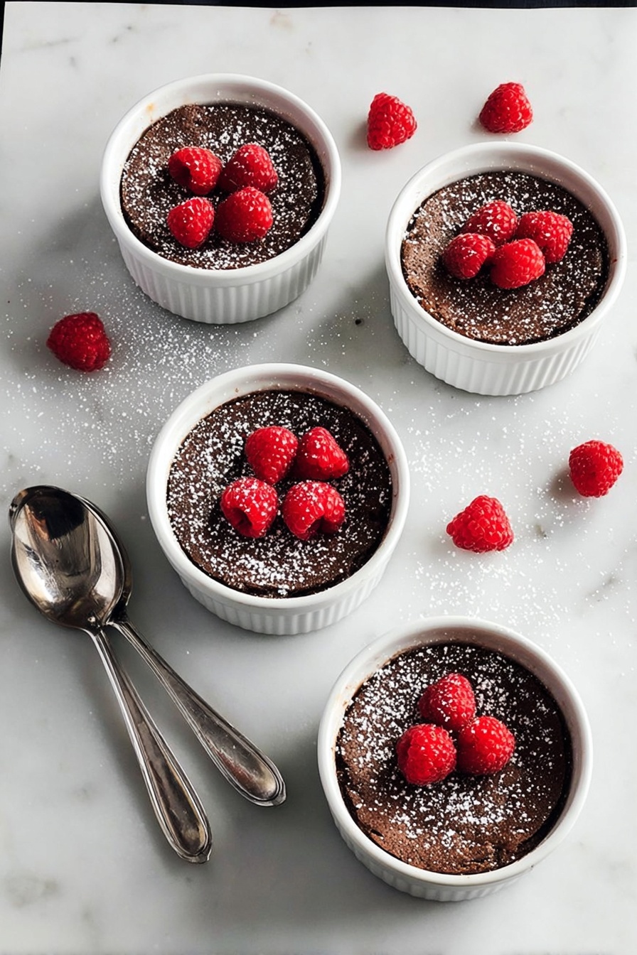 Vier weiße, runde Ramekins enthalten jeweils ein einschichtiges dunkelbraunes Schokoladendessert mit leicht rissigem Oberteil, garniert mit jeweils drei leuchtend roten Himbeeren. Die Ramekins werden auf einer weiß marmorierten Oberfläche mit verstreuten Himbeeren um sie herum platziert. Puderzucker wird leicht über die Desserts und die Oberfläche bestäubt. Rechts von den Ramekins sind drei kleine, glänzende silberne Löffel dicht beieinander platziert. Foto aufgenommen mit einem iPhone --ar 2:3 --v 7 - Dunkle Schokolade Himbeer-Mousse-Kuchen, Schokoladen-Himbeer-Mousse-Dessert, geschichteter Schokoladenbeerenkuchen, elegante Schoko-Himbeer-Leckerei, einfaches Schokoladenbeer-Dessert