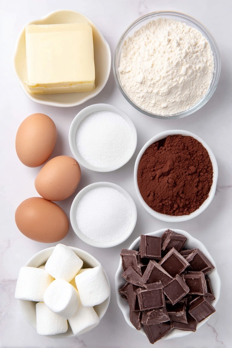 Marshmallow Hot Cocoa Cookies Recipe 7 Flat lay of a small pile of pale yellow unsalted butter cubes, two whole uncracked brown eggs with smooth shells, a small white ceramic bowl of fine white granulated sugar, a small white ceramic bowl filled with packed light brown sugar, a small white ceramic bowl of all-purpose flour, a small white ceramic bowl of rich dark brown natural unsweetened cocoa powder, a small white ceramic bowl containing fine dry hot cocoa mix, a small white ceramic bowl of fine white baking soda powder, a small white ceramic bowl with delicate white salt flakes, a small white ceramic bowl of creamy milk, a few large white marshmallows cut in half exposing soft fluffy interiors, and a small crisp heap of finely chopped glossy dark semi-sweet chocolate pieces placed on a clean white marble surface, soft natural light, photo taken with an iPhone, professional food photography style, fresh ingredients, white ceramic bowls, no bottles, no duplicates, no utensils, no packaging --ar 2:3 --v 7 --p m7354615311229779997 - Marshmallow Hot Cocoa Cookies, hot cocoa cookies, chocolate marshmallow cookies, cozy dessert recipes, easy holiday cookies