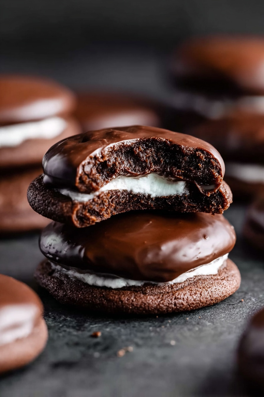 Marshmallow Hot Cocoa Cookies Recipe 8 The image shows two chocolate cookies stacked on a dark surface. The bottom cookie is flat with a smooth, glossy chocolate layer on top. The upper cookie is thicker and has a shiny chocolate coating with a bite taken out, revealing a white creamy filling inside. The background is blurred with more cookies visible. photo taken with an iphone --ar 2:3 --v 7 - Marshmallow Hot Cocoa Cookies, hot cocoa cookies, chocolate marshmallow cookies, cozy dessert recipes, easy holiday cookies