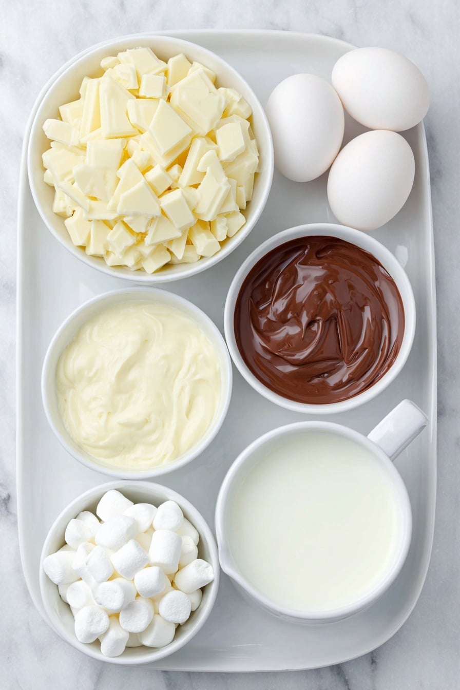 RumChata Hot Cocoa Bombs Recipe 7 Flat lay of white melting chocolate chips in a simple white ceramic bowl, two small white ceramic bowls each holding smooth melted white chocolate and melted milk chocolate, a small white ceramic bowl of fine hot cocoa powder, a delicate pile of miniature fluffy white marshmallows directly on the white ceramic plate, two clean whole brown eggs with uncracked shells, a small white ceramic bowl containing creamy Rum Chata liqueur, and steaming hot milk poured neatly into a simple white ceramic mug, all arranged symmetrically and balanced, placed on a clean white marble surface, soft natural light, photo taken with an iPhone, professional food photography style, fresh ingredients, white ceramic bowls, no bottles, no duplicates, no utensils, no packaging --ar 2:3 --v 7 --p m7354615311229779997 - RumChata Hot Cocoa Bombs, boozy hot chocolate bombs, hot cocoa bombs with RumChata, creamy hot chocolate spheres, alcohol-infused hot cocoa treats