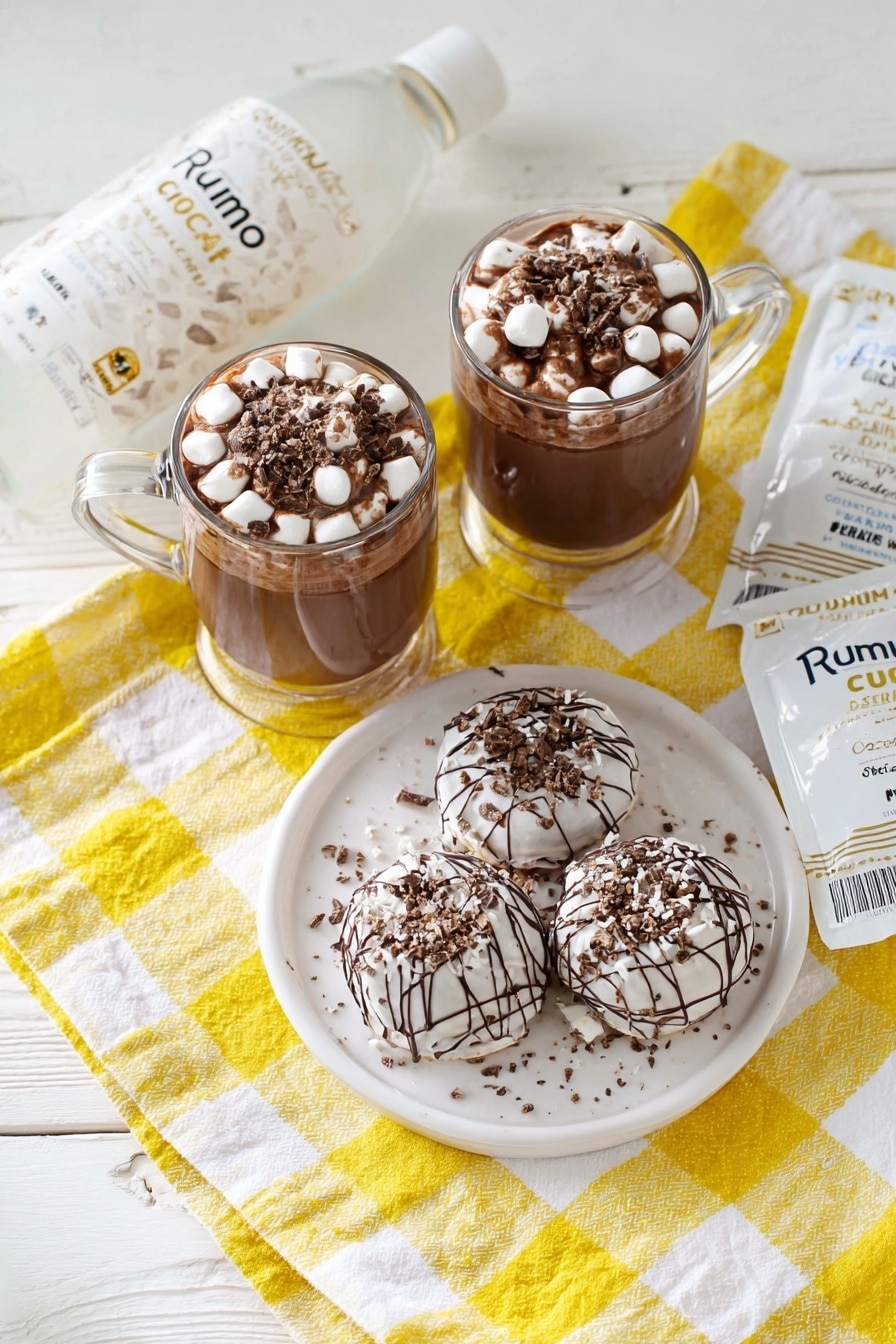 RumChata Hot Cocoa Bombs Recipe 8 Two clear glass mugs filled with dark brown hot cocoa are topped with small white marshmallows and sprinkled with crushed chocolate bits, with thin lines of melted chocolate drizzled over the top. Nearby, a white plate holds three white chocolate-covered round treats, each topped with crumbled chocolate and more chocolate drizzle in a web-like pattern. The items are placed on a yellow and white checkered cloth on a white marbled surface. Two packets of instant hot cocoa mix lie beside the cloth, and a white RumChata bottle is visible in the corner. Photo taken with an iphone --ar 2:3 --v 7 - RumChata Hot Cocoa Bombs, boozy hot chocolate bombs, hot cocoa bombs with RumChata, creamy hot chocolate spheres, alcohol-infused hot cocoa treats