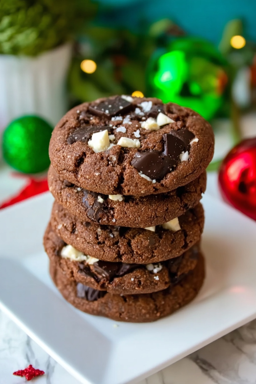 Hot Chocolate Cookies Recipe 6 A stack of five round chocolate cookies with visible large dark chocolate chunks and small white bits on top, sitting on a white square plate placed on a white marbled surface. The cookies have a soft texture with a slightly cracked appearance, and the background features blurred green plants and colorful festive decorations. Photo taken with an iphone --ar 2:3 --v 7 - Hot Chocolate Cookies, chocolate cookie recipes, marshmallow cookies, cozy dessert ideas, easy chocolate cookies