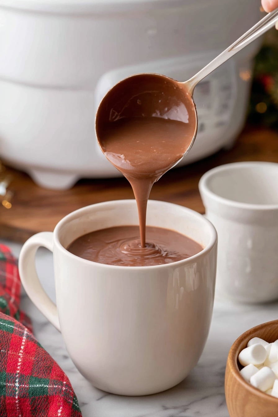 Crockpot Hot Chocolate Recipe 6 Two white mugs filled with dark brown hot chocolate topped with many small white marshmallows. One mug is in the front and the other is slightly blurred in the back. Around the mugs, there are scattered marshmallows, a small wooden bowl with more marshmallows, and some pine cones on a colorful red, green, and white plaid cloth. The whole setting is on a wooden table. photo taken with an iphone --ar 2:3 --v 7 - Crockpot Hot Chocolate, easy hot chocolate, slow cooker hot chocolate, creamy hot chocolate, cozy winter drinks