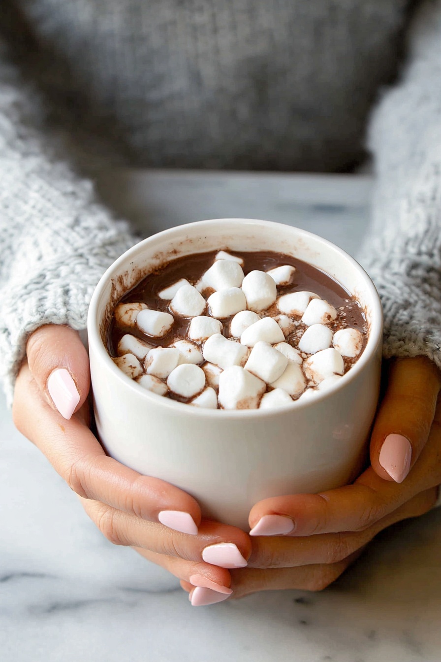 Crockpot Hot Chocolate Recipe 8 A white cup is filled with smooth, thick hot chocolate flowing from a ladle held above it by a woman's hand. The hot chocolate is rich brown and creamy, slightly swirling as it pours into the cup, which is placed on a wooden table with a white marbled texture background. Behind the cup, a white slow cooker is slightly visible, and to the right, there is another empty white cup. A small wooden bowl with white marshmallows is at the bottom right corner, and in the bottom left corner, a red and green plaid cloth adds a touch of color. Photo taken with an iphone --ar 2:3 --v 7 - Crockpot Hot Chocolate, easy hot chocolate, slow cooker hot chocolate, creamy hot chocolate, cozy winter drinks