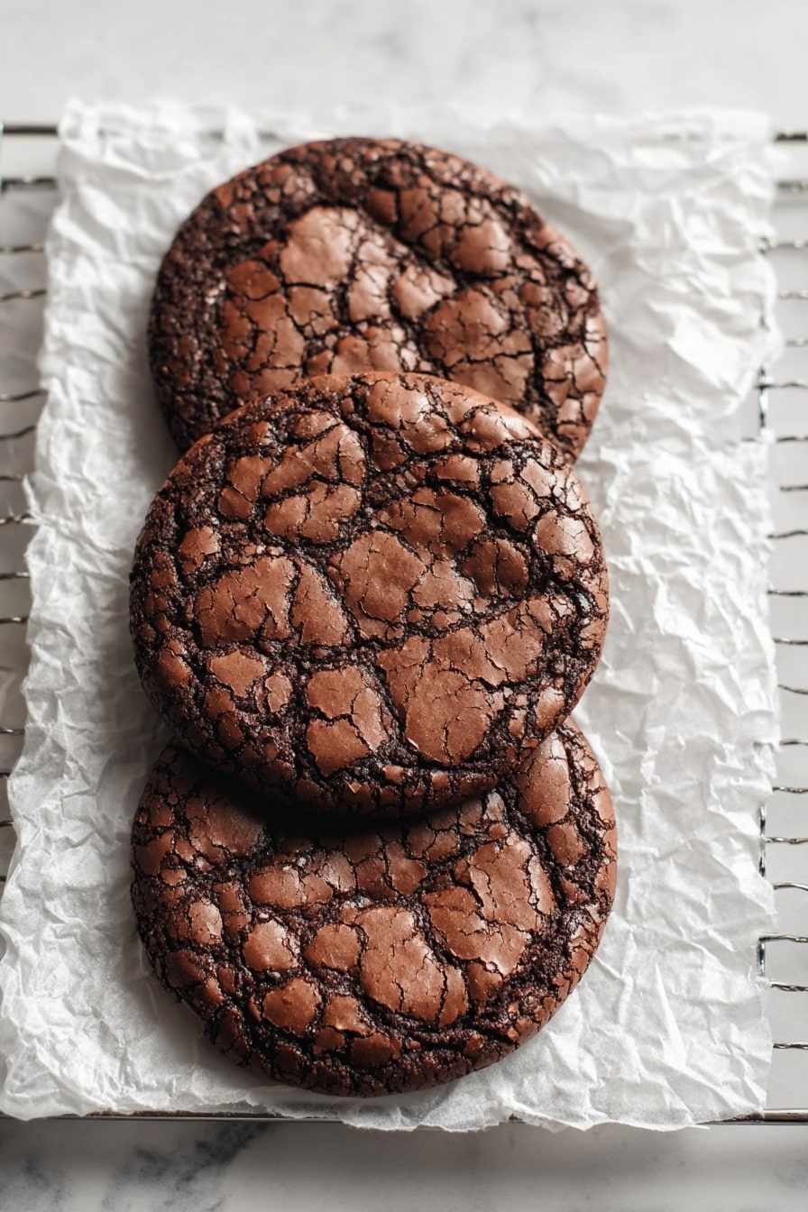 Hot Chocolate Brownie Crinkle Cookies Recipe 8 Three large, round chocolate cookies with a cracked top layer show a mix of dark and lighter brown shades, giving them a textured and slightly rough look. They are placed in a row on white crinkled parchment paper, which sits on a metal cooling rack. The background is a white marbled surface. photo taken with an iphone --ar 2:3 --v 7 - Hot Chocolate Brownie Crinkle Cookies, fudgy brownie cookies, chocolate crinkle cookies, cozy chocolate cookies, easy brownie cookie recipe