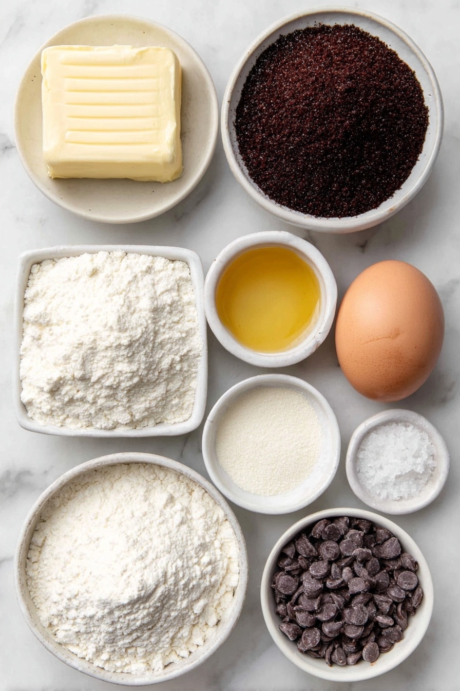 Chocolate Sugar Cookies with Chocolate Coating Recipe 7 Flat lay of a small square of unsalted butter with a smooth, creamy texture, a small white ceramic bowl filled with packed dark brown sugar, a separate small white ceramic bowl containing fine granulated sugar, one large whole brown egg with a clean shell, a small white ceramic bowl holding golden molasses syrup, a neat pile of all-purpose flour in soft white heaps, a small mound of dark unsweetened cocoa powder finely sifted, a small heap of pale baking soda powder, a tiny pile of fine white salt, a small white ceramic bowl of dark semi-sweet chocolate chips with a glossy finish, and a small white ceramic bowl with clear coconut oil, all arranged with perfect symmetry and balanced proportions on a clean white marble surface, soft natural light, photo taken with an iPhone, professional food photography style, fresh ingredients, white ceramic bowls, no bottles, no duplicates, no utensils, no packaging --ar 2:3 --v 7 --p m7354615311229779997 - Chocolate Sugar Cookies with Chocolate Coating, chocolate sugar cookies, chocolate cookies recipe, crackled sugar cookies, chocolate dipped cookies