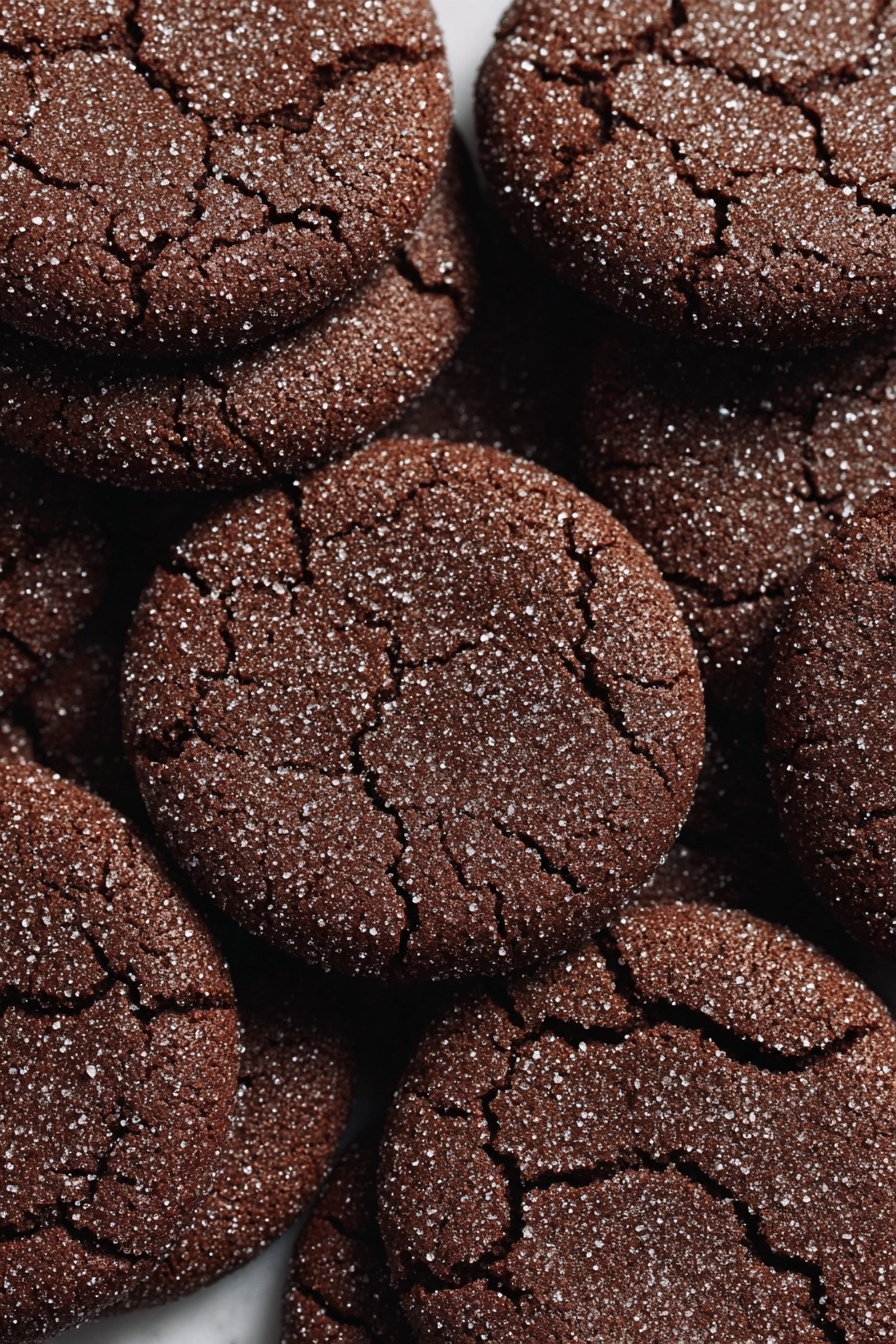 Chocolate Sugar Cookies with Chocolate Coating Recipe 8 A close-up view of a pile of round chocolate cookies with a cracked surface, each cookie showing a dark brown color and fine sugar crystals sprinkled on top, giving them a slightly sparkling texture. The cookies are stacked closely together, filling the whole frame against a white marbled texture background. photo taken with an iphone --ar 2:3 --v 7 - Chocolate Sugar Cookies with Chocolate Coating, chocolate sugar cookies, chocolate cookies recipe, crackled sugar cookies, chocolate dipped cookies