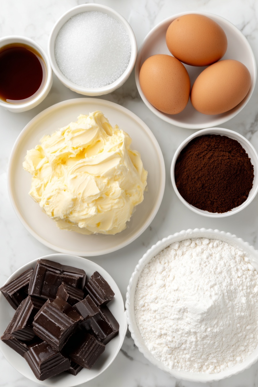Flache Legung aus einem kleinen Haufen weicher Butter auf einem weißen Keramikteller, einer weißen Keramikschale mit weißem Granulatzucker, einer weißen Keramikschale mit dunkelbraunem Zucker, zwei ganzen großen braunen Eiern, einer kleinen weißen Keramikschale Vanilleextrakt, einem weißen Keramikteller mit einem Haufen ungesüßtem Kakaopulver, einem weißen Keramikteller mit Allzweckmehl,  eine kleine weiße Keramikschale mit Natronpulver, eine kleine weiße Keramikschale mit feinem Salz, eine weiße Keramikschale gefüllt mit glänzenden, halbsüßen Schokoladenstückchen und einige unregelmäßige Stücke Milchschokoladenstücke, ordentlich auf einer einfachen weißen Keramikschale platziert, alle perfekt symmetrisch angeordnet auf einer sauberen weißen Marmoroberfläche,  sanftes natürliches Licht, Foto mit einem iPhone, professioneller Food-Fotografie-Stil, frische Zutaten, weiße Keramikschalen, keine Flaschen, keine Duplikate, kein Besteck, keine Verpackung – ar 2:3 --v 7 --p m7354615311229779997 - Chocolate Chip Cookie Brownie Bars, Rezept für Chocolate Chip Cookie Brownie Bars, einfache Cookie Brownie Riegel, fudgy Brownie Cookies, wie man Cookies Brownie Riegel macht