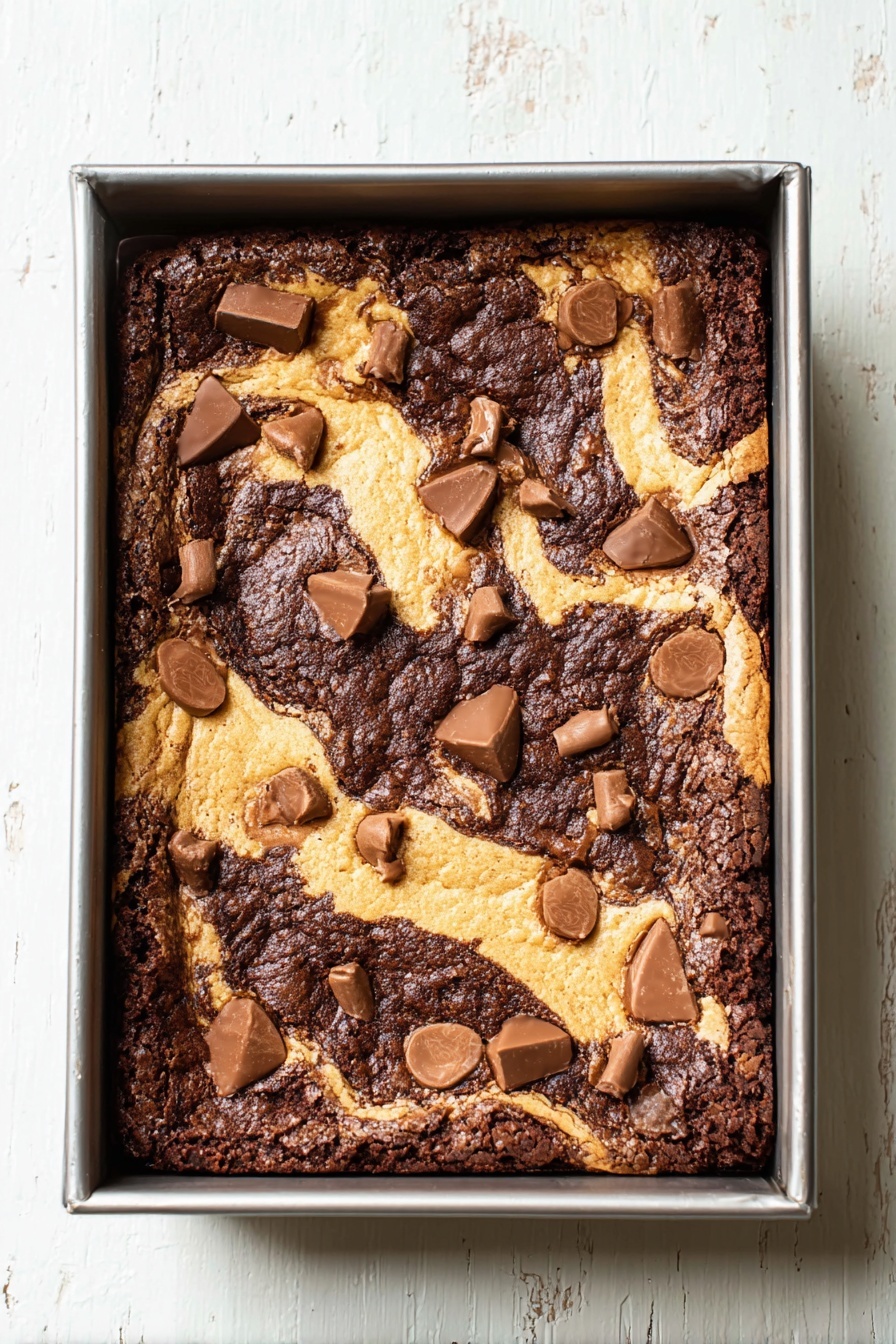 Ein rechteckiges Metallbackblech enthält ein frisch gebackenes Dessert mit zwei Hauptschichten, die miteinander gewirbelt sind. Die erste Schicht ist dunkelbraun mit einer leicht strukturierten, rissigen Oberfläche, die eine reiche Schokoladenbasis darstellt. Die zweite Schicht ist hell goldbraun und glatt, zu Wirbeln gebacken, die sich mit der Schokoladenschicht vermischen. Darauf liegen kleine Stücke hellbrauner Schokoladenstücke, leicht geschmolzen und in die Oberfläche eingebettet. Das Tablett steht auf einer weiß marmorierten Oberfläche. Foto aufgenommen mit einem iPhone --ar 2:3 --v 7 - Chocolate Chip Cookie Brownie Bars, Rezept für Chocolate Chip Cookie Brownie Bars, einfache Cookie Brownie Riegel, fudgy Brownie Cookie Bars, wie man Cookie Brownie Bars macht