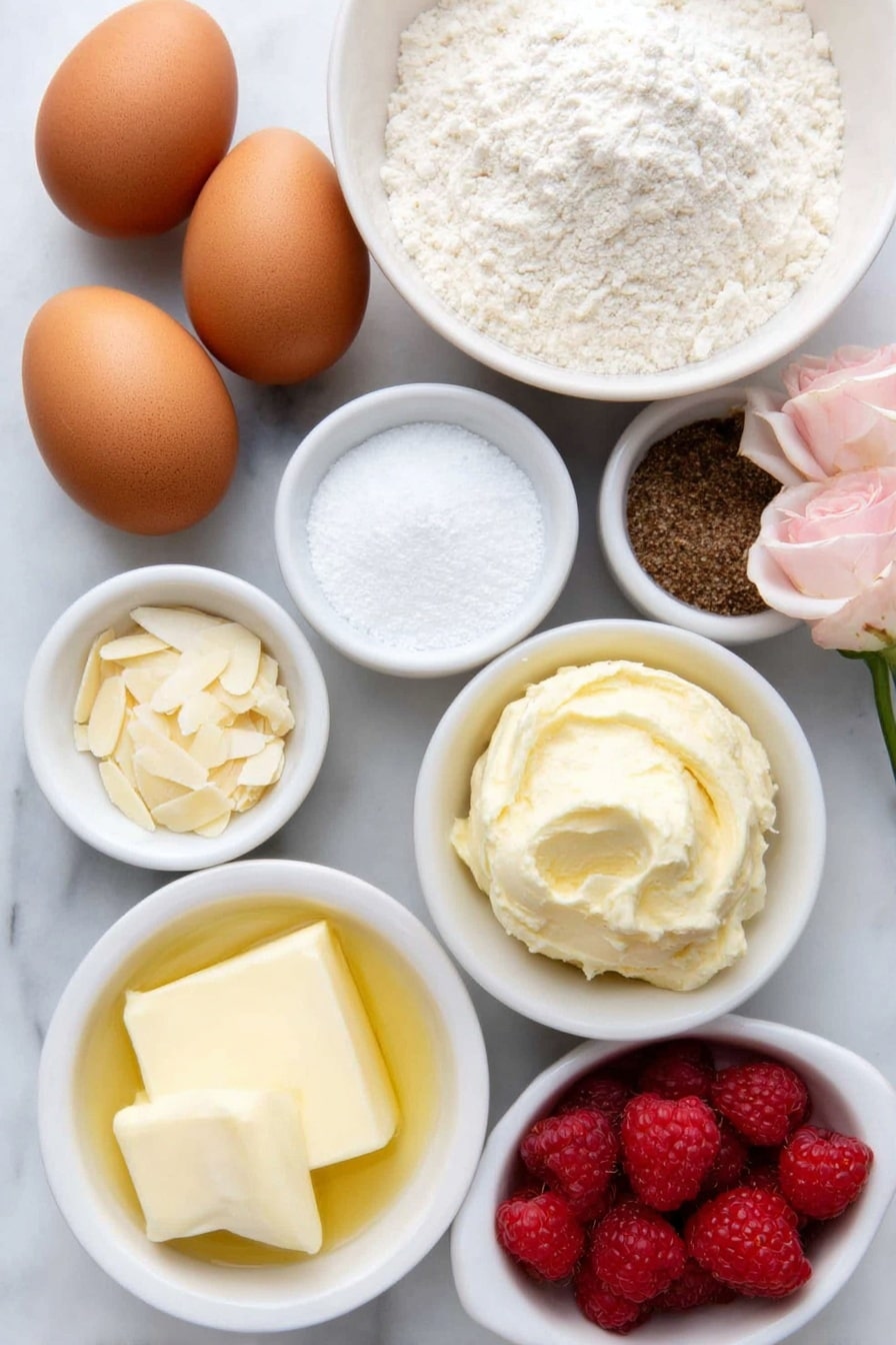 Raspberry Rose Pistachio Cake Recipe 7 Flat lay of finely ground green pistachio flour in a simple white ceramic bowl, whole uncracked brown eggs arranged neatly on the white marble surface, slivered almond flour hand-sprinkled in a small white bowl, fluffy white all-purpose flour in another white bowl, granulated white sugar presented in a small white bowl, light yellow melted unsalted butter gently pooled in a white ceramic bowl, creamy pale yellow unsalted butter softened and scooped in a white bowl, smooth pale green pistachio butter placed dolloped in a white bowl, vibrant fresh red raspberries grouped on the marble, bright organic pink rose petals loosely scattered, a small white bowl of pure white powdered sugar, delicate vanilla bean pods with visible speckled seeds next to a tiny splash of vanilla bean paste in a white bowl, and a pinch of ground cardamom and fine sea salt each in own small white bowls, all ingredients balanced symmetrically and naturally placed on a clean white marble surface, soft natural light, photo taken with an iPhone, professional food photography style, fresh ingredients, white ceramic bowls, no bottles, no duplicates, no utensils, no packaging --ar 2:3 --v 7 --p m7354615311229779997 - Raspberry Rose Pistachio Cake, raspberry floral cake, pistachio nut cake, elegant berry layered cake, floral rose dessert