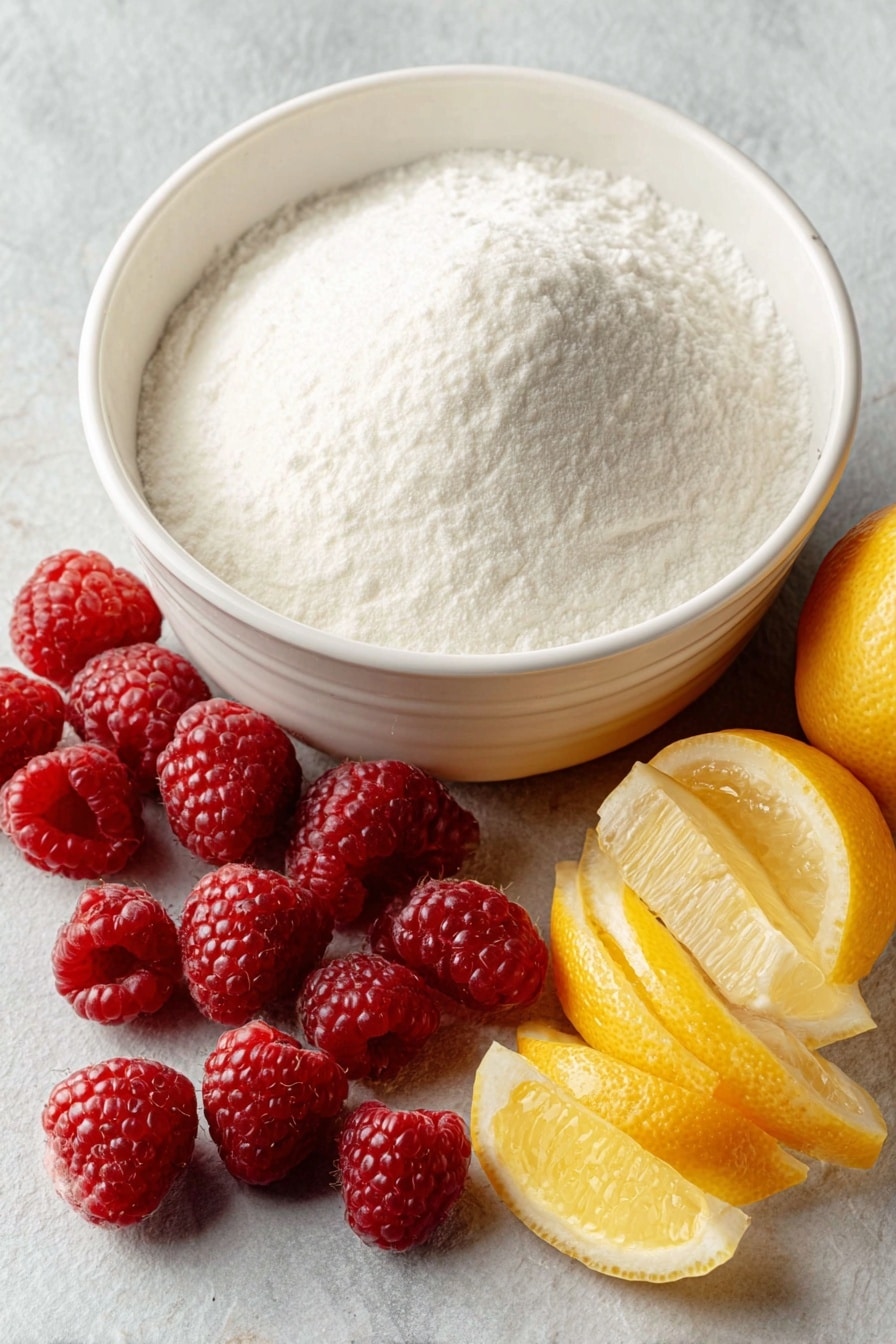 Easy Raspberry Cake Filling Recipe 7 Flat lay of fresh bright red raspberries scattered naturally, a small mound of fine white granulated sugar, a few vibrant yellow lemon wedges alongside thin strips of fresh lemon zest, a small white ceramic bowl filled with clear water, another small white ceramic bowl containing fine white cornstarch powder, a whole fresh lemon with smooth yellow skin placed whole nearby placed on a clean white marble surface, soft natural light, photo taken with an iPhone, professional food photography style, fresh ingredients, white ceramic bowls, no bottles, no duplicates, no utensils, no packaging --ar 2:3 --v 7 --p m7354615311229779997 - Easy Raspberry Cake Filling, raspberry cake filling recipe, homemade raspberry filling, fruit cake filling, raspberry dessert filling