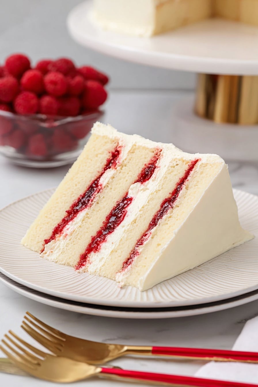 Easy Raspberry Cake Filling Recipe 8 A tall cake with four thick layers of light yellow sponge cake stacked evenly. Between each sponge layer, there is a bright red jam filling with small fruit bits, resting on smooth off-white cream layers. The outside of the cake is coated with a creamy, pale off-white frosting that is mostly smooth with some soft pink brushstroke designs and small gold leaf pieces. The top is decorated with white and red flowers and whole raspberries. The cake sits on a white marbled surface. Photo taken with an iphone --ar 2:3 --v 7 - Easy Raspberry Cake Filling, raspberry cake filling recipe, homemade raspberry filling, fruit cake filling, raspberry dessert filling