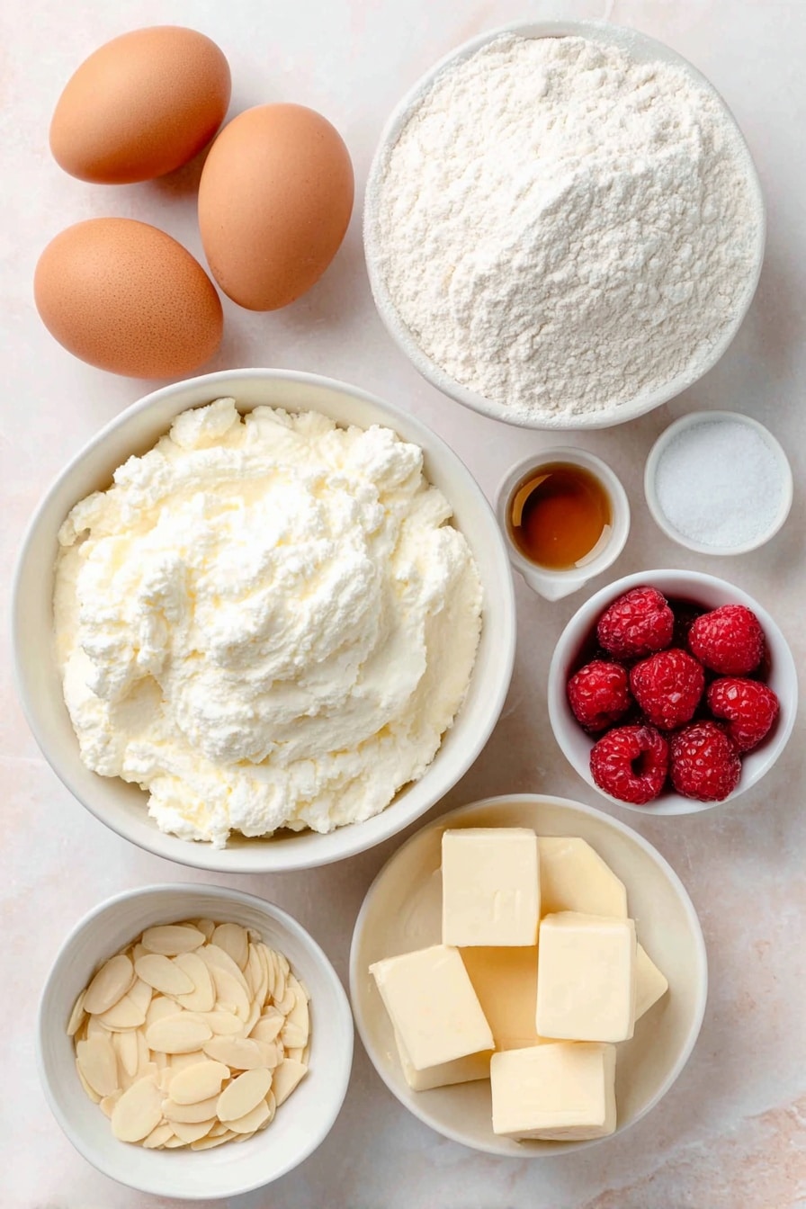 Raspberry Ricotta Cake with Almonds Recipe 7 Flat lay of a small mound of all-purpose flour, a pile of granulated sugar, two teaspoons of baking powder in a small white ceramic bowl, a pinch of fine sea salt in a tiny white bowl, three large whole brown eggs with clean shells, a white ceramic bowl filled with fresh ricotta cheese, a small white bowl containing clear vanilla extract, a small white bowl with melted golden butter, a scattering of fresh red raspberries, a neat pile of pale sliced almonds, all arranged with perfect symmetry on a clean white marble surface, soft natural light, photo taken with an iPhone, professional food photography style, fresh ingredients, white ceramic bowls, no bottles, no duplicates, no utensils, no packaging --ar 2:3 --v 7 --p m7354615311229779997 - Raspberry Ricotta Cake with Almonds, raspberry ricotta cake, easy berry cake, moist ricotta cake, almond dessert recipe