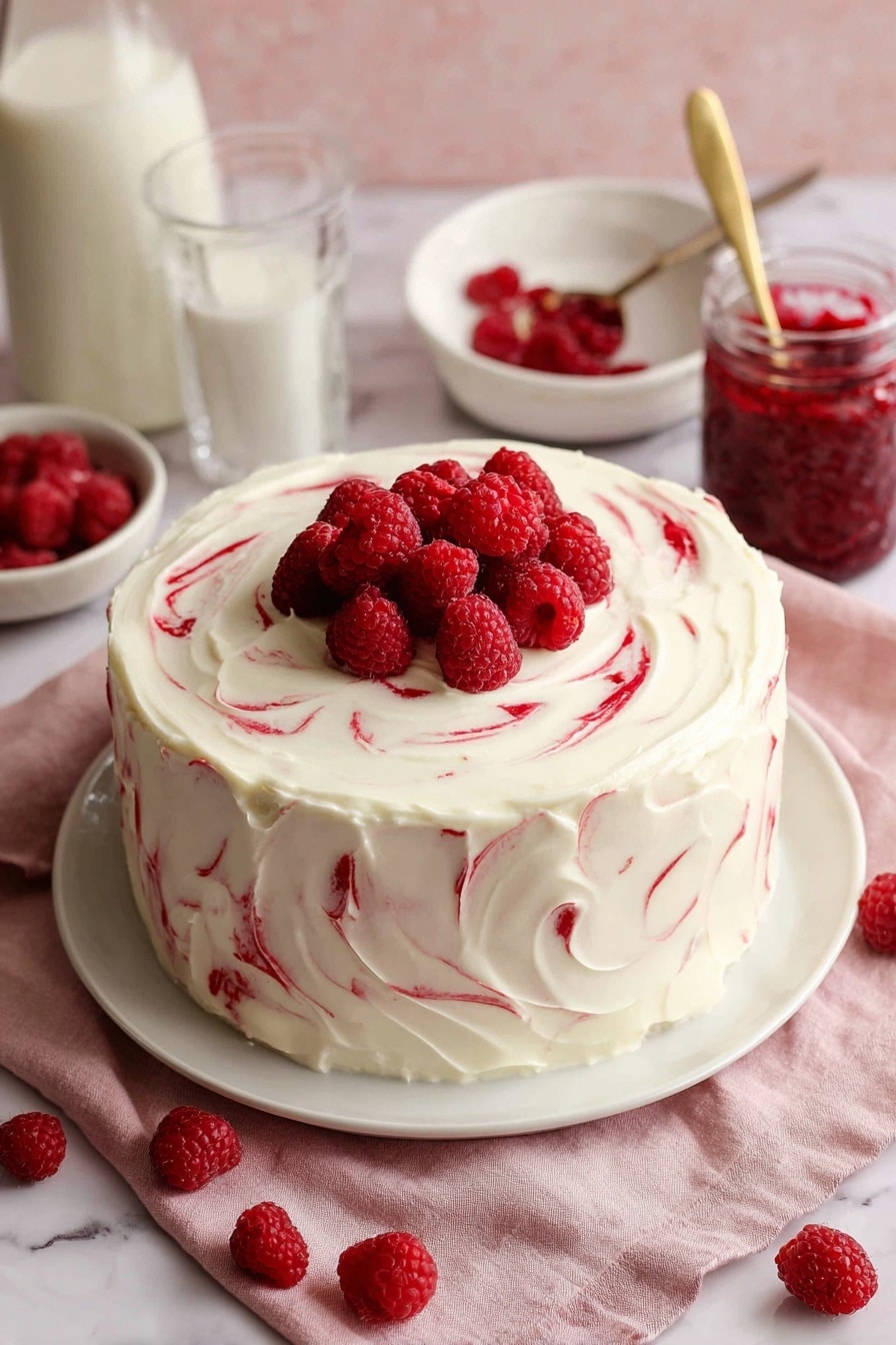White Chocolate Raspberry Cake Recipe 8 A round cake covered with smooth white frosting has swirls of red raspberry sauce gently mixed into the top layer. On top, there is a small pile of fresh red raspberries in the center. The cake sits on a white plate, which is placed on a soft pink cloth over a white marbled surface. There are more fresh raspberries scattered near the plate. In the background, a clear glass bottle filled with milk, an empty small glass, a small white bowl filled with raspberries, and a jar of raspberry sauce with a gold spoon are also seen. Photo taken with an iphone --ar 2:3 --v 7 - White Chocolate Raspberry Cake, raspberry cake dessert, white chocolate cake, celebration cake recipe, easy raspberry cake
