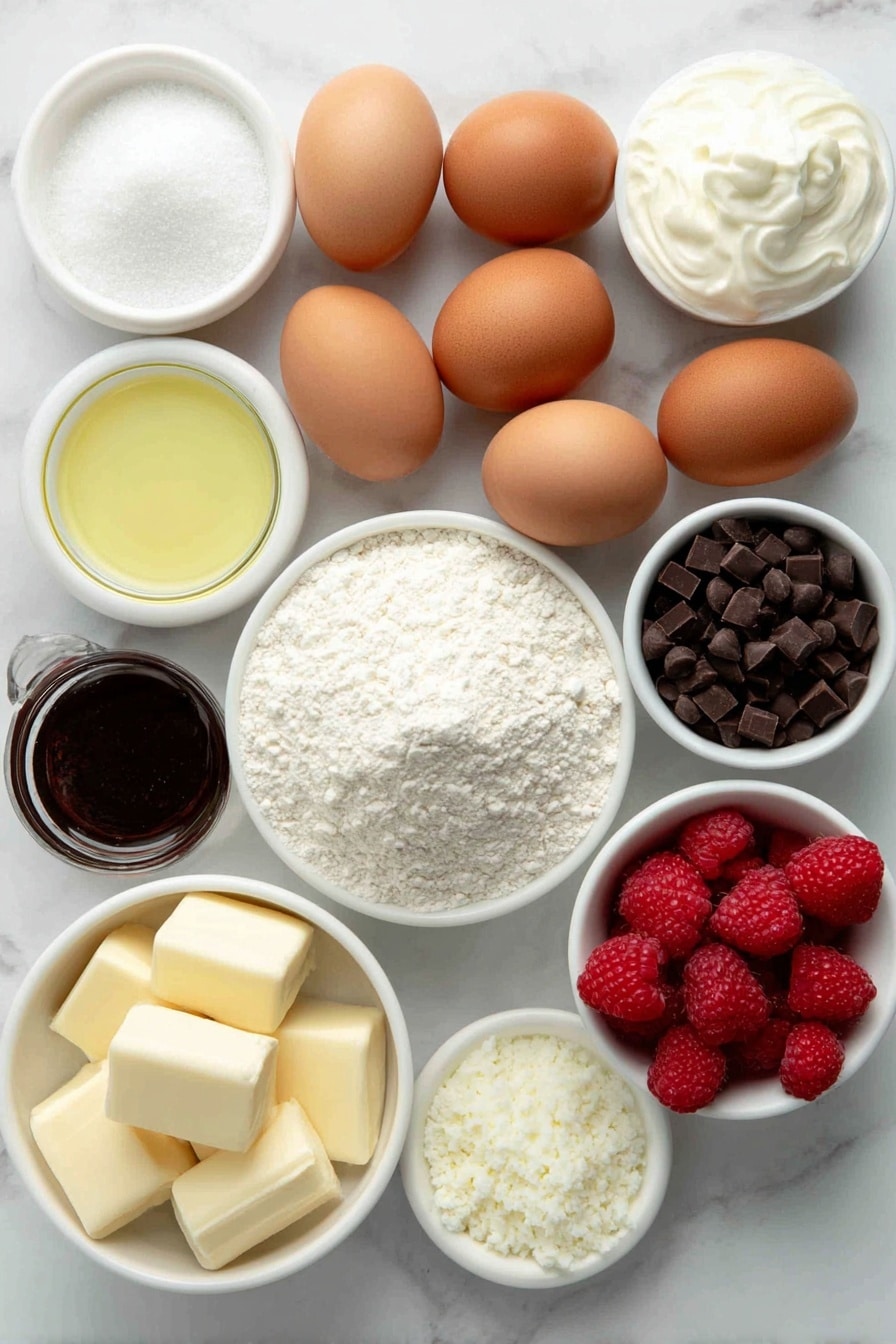 Chocolate Raspberry Cake with Ganache Recipe 7 Flat lay of a small mound of all-purpose flour, a flat pile of rich unsweetened cocoa powder, a small pile of white granulated sugar granules, four large clean whole brown eggs with smooth shells, a small glass of creamy buttermilk, a small pool of golden oil in a white ceramic bowl, a small white bowl filled with hot steaming water, a few sprigs of pure vanilla bean pods beside a small white bowl of vanilla extract, a handful of fresh bright red raspberries, a small white bowl of powdered sugar, a small white bowl of finely ground freeze-dried raspberries powder with a vibrant pink hue, a small white bowl of thickened glossy ruby raspberry puree, a few cubes of pale unsalted butter, a small white bowl of semi-sweet chocolate chips, and a small white bowl of heavy cream all neatly arranged in perfect symmetry on a simple white ceramic surface, placed on a clean white marble surface, soft natural light, photo taken with an iPhone, professional food photography style, fresh ingredients, white ceramic bowls, no bottles, no duplicates, no utensils, no packaging --ar 2:3 --v 7 --p m7354615311229779997 - Chocolate Raspberry Cake, Homemade Chocolate Raspberry Cake with Ganache, Easy Chocolate Raspberry Cake, Fresh Raspberry Chocolate Cake, Decadent Chocolate Cake with Raspberries