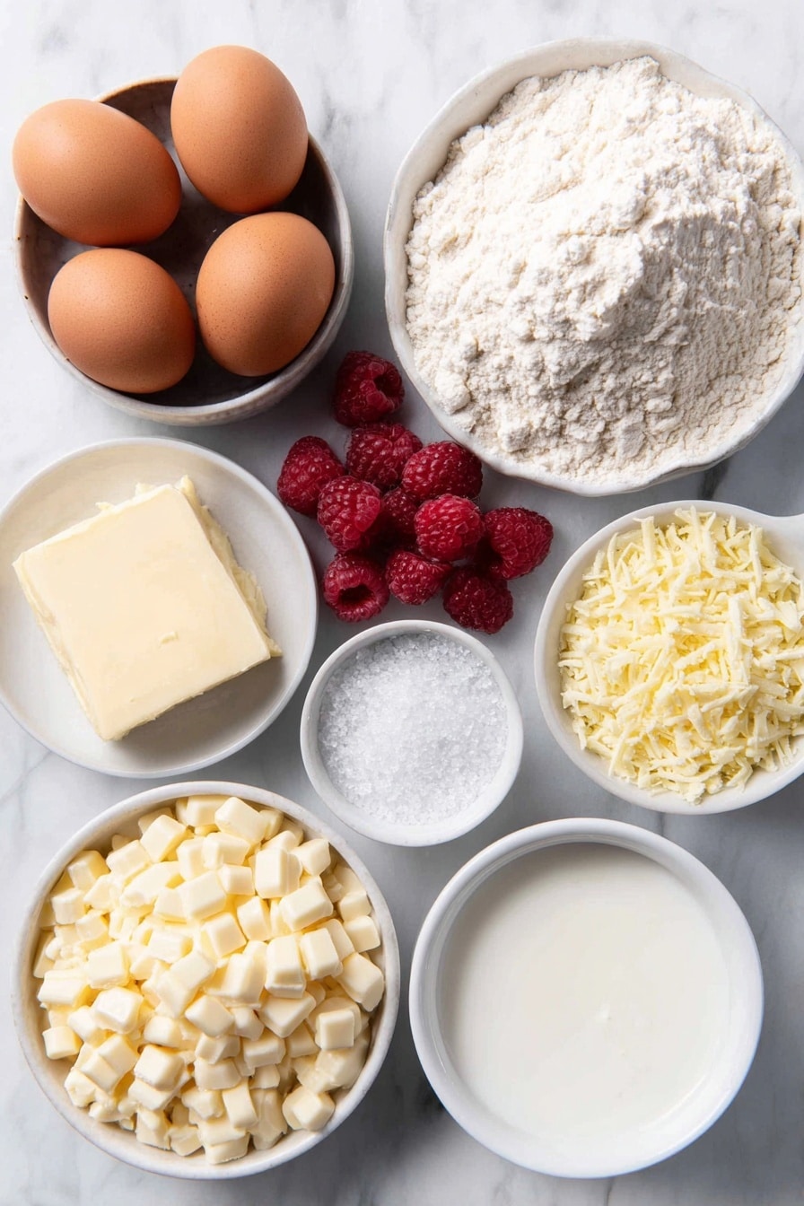 Flach lag ein kleiner Haufen Allzweckmehl, ein paar Teelöffel Backpulver und Salz in der Nähe bestreut, eine halbe Tasse ungesalzene Butter bei Zimmertemperatur mit leicht cremiger Textur, ein kleiner Haufen weißen Kristallzucker, drei ganze braune Eier mit sauberen Schalen, eine kleine weiße Keramikschale mit Buttermilch und einer sichtbaren Zitronenscheibe daneben,  eine winzige weiße Schale mit Vanilleextrakt, eine kleine Büschel frischer Himbeeren, ein paar Zitronenschalen, eine kleine weiße Schale mit fein gehackter weißer Schokolade, eine weitere kleine weiße Schale mit gehackter weißer Schokolade für Ganache, eine separate kleine weiße Schale mit Sahne, alle Zutaten symmetrisch und balanciert auf einer sauberen weißen Marmoroberfläche,  sanftes natürliches Licht, Foto mit einem iPhone, professioneller Food-Fotografie-Stil, frische Zutaten, weiße Keramikschalen, keine Flaschen, keine Duplikate, kein Besteck, keine Verpackung --ar 2:3 --v 7 --p m7354615311229779997 - Himbeer-Weiß-Schokoladen-Gugelhuflos, Himbeer-Weiß-Schokoladen-Kuchen, einfaches Gupfhupf-Rezept, elegantes Dessert für Zusammenkünfte, Beeren-Schokoladen-Kuchen