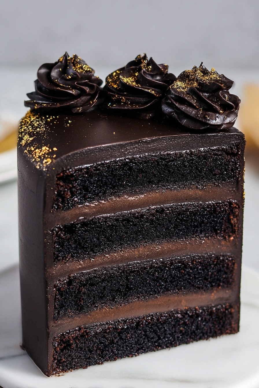 Black Velvet Cake with Dark Chocolate Frosting Recipe 6 A tall, four-layer dark chocolate cake with each layer of moist, blackish-brown chocolate sponge separated by smooth, thick dark chocolate cream layers. The cake is fully covered in a shiny dark chocolate frosting. On top, there are three large, dark chocolate rosettes with gold dust accents decorating the edges. The cake sits on a white plate over a white marbled surface. Photo taken with an iphone --ar 2:3 --v 7 - Black Velvet Cake with Dark Chocolate Frosting, Black Velvet Cake recipe, decadent chocolate cake, black cocoa cake, dark chocolate dessert