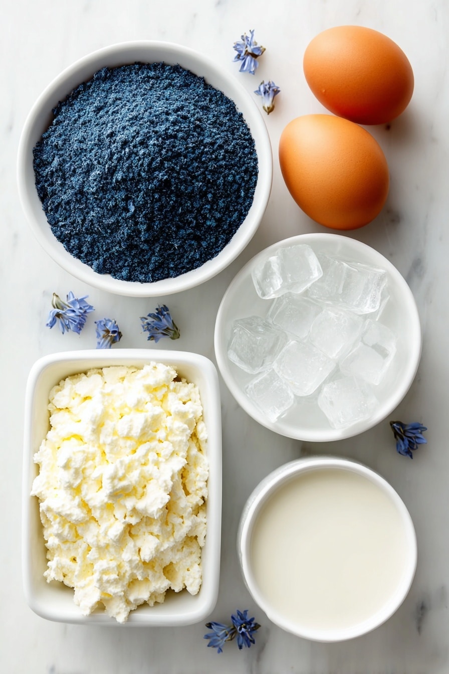 Blue Butterfly Pea Latte Recipe 7 Flat lay of fresh vivid blue dried Butterfly pea flowers scattered gently, a small white ceramic bowl filled with bright blue Butterfly pea flower powder, a small white ceramic bowl of clear warm water, a small white ceramic bowl holding smooth fresh whole brown eggs with clean shells, a small white ceramic bowl with thick sweetened condensed milk, a simple white ceramic cup of fresh creamy milk, and a small white ceramic bowl filled with crystal-clear ice cubes, all arranged symmetrically and balanced with perfect proportions, placed on a clean white marble surface, soft natural light, photo taken with an iPhone, professional food photography style, fresh ingredients, white ceramic bowls, no bottles, no duplicates, no utensils, no packaging --ar 2:3 --v 7 --p m7354615311229779997 - Blue Butterfly Pea Latte, butterfly pea flower latte, vibrant blue tea latte, natural blue drink, easy butterfly pea latte recipe
