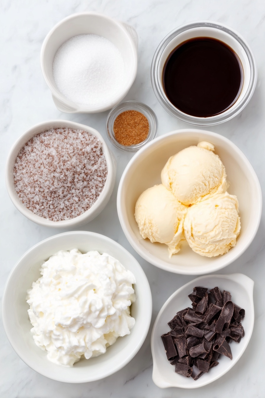 Chocolate Mocha Party Punch Recipe 7 Flat lay of a large white ceramic bowl filled with clear water, a small white ceramic bowl of dark glossy chocolate syrup, a small white ceramic bowl of fine white powdered vanilla coffee creamer, a small white ceramic bowl of white granulated sugar, a small white ceramic bowl of light brown sugar, a small white ceramic bowl containing dark brown instant coffee granules, a white ceramic bowl holding creamy vanilla ice cream scoops, a white ceramic bowl with rich chocolate ice cream scoops, a small white ceramic bowl filled with fluffy whipped cream, and a small white ceramic dish with delicate dark chocolate curls arranged neatly, all ingredients fresh and natural, placed on a clean white marble surface, soft natural light, photo taken with an iPhone, professional food photography style, fresh ingredients, white ceramic bowls, no bottles, no duplicates, no utensils, no packaging --ar 2:3 --v 7 --p m7354615311229779997 - Chocolate Mocha Party Punch, chocolate mocha punch recipe, coffee chocolate party drink, creamy mocha punch, festive chocolate coffee punch