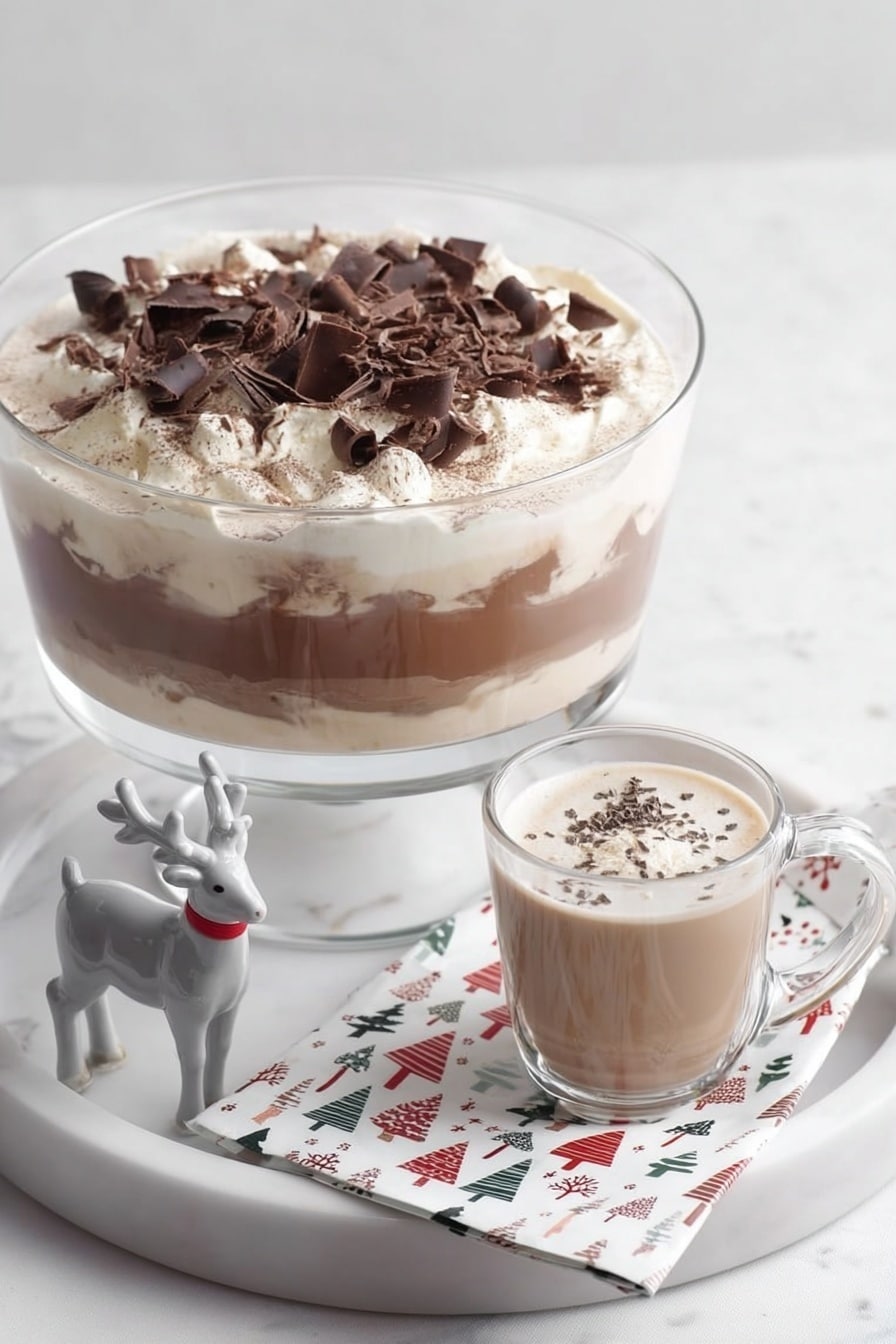 Chocolate Mocha Party Punch Recipe 8 A large clear glass bowl layered with a bottom layer of smooth brown chocolate pudding, topped with a thick layer of light cream, and finished with dark brown chocolate curls scattered on top. Next to it, a small clear glass mug filled with a light brown drink topped with light cream and sprinkled with small chocolate shavings. Both are placed on a white marbled tray along with a decorative napkin showing Christmas trees and birds in red, green, and black, and a small white and gray deer figurine with a red collar. Photo taken with an iphone --ar 2:3 --v 7 - Chocolate Mocha Party Punch, chocolate mocha punch recipe, coffee chocolate party drink, creamy mocha punch, festive chocolate coffee punch
