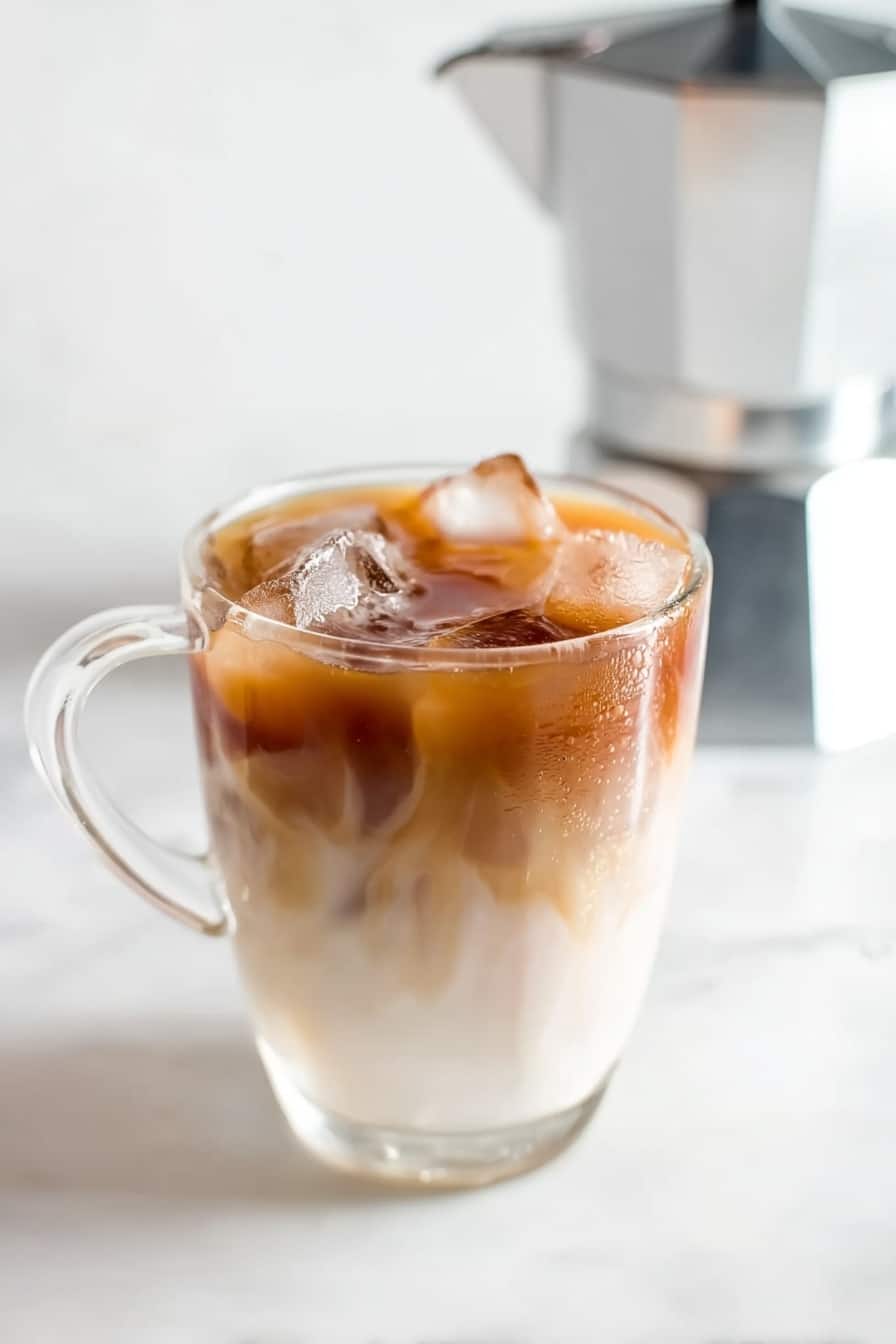 Homemade Iced Caramel Macchiato Recipe 8 The image shows a clear glass cup with a handle filled with a two-layered iced drink, placed on a white marbled surface. The bottom layer takes up about two-thirds of the cup and is a smooth, creamy white color, while the top layer is a darker brown with a slightly translucent texture, blending softly into the white below. Several ice cubes float on the top, with some condensation forming on the glass. In the background, slightly out of focus on the same white marbled surface, there is a silver metal coffee espresso maker. photo taken with an iphone --ar 2:3 --v 7 - Homemade Iced Caramel Macchiato, caramel macchiato at home, DIY iced coffee drinks, easy caramel coffee recipe, Starbucks-style caramel macchiato
