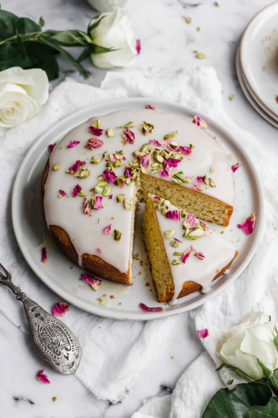 Persian Love Cake with Rose and Cardamom Recipe 8 A single-layer round cake with light brown edges and a soft golden inside sits on a white plate. The cake is covered with a smooth white icing that slightly drips down the sides. On top of the icing, there are small pieces of green pistachios and tiny bright pink dried rose petals scattered evenly. One slice has been taken out and placed on the same plate, showing the soft texture of the cake. Around the plate, there are white rose petals and green leaves resting on a white cloth, all placed on a white marbled surface. Nearby, a silver cake server with cut-out details is partially visible. Photo taken with an iphone --ar 2:3 --v 7 - Persian Love Cake with Rose and Cardamom, Persian dessert with rose water, Middle Eastern cake with cardamom, floral spice cake recipe, almond flour Persian cake