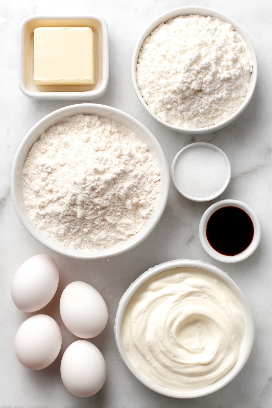 Watercolor Cake Recipe 7 Flat lay of a small square of unsalted butter softened to room temperature, a small white ceramic bowl of clear vegetable oil, a small mound of granulated sugar, a small white ceramic bowl of clear vanilla extract, a small white ceramic bowl filled with all-purpose flour, a small heap of baking powder powder, a small pile of fine salt, a small white ceramic bowl of thick sour cream, six whole large eggs with clean shells arranged neatly, a small white ceramic bowl of unsifted powdered sugar, a small white ceramic bowl of heavy whipping cream, placed on a clean white marble surface, soft natural light, photo taken with an iPhone, professional food photography style, fresh ingredients, white ceramic bowls, no bottles, no duplicates, no utensils, no packaging --ar 2:3 --v 7 --p m7354615311229779997 - Watercolor Cake, watercolor cake decorating, how to make watercolor cake, watercolor cake tutorial, artistic cake ideas