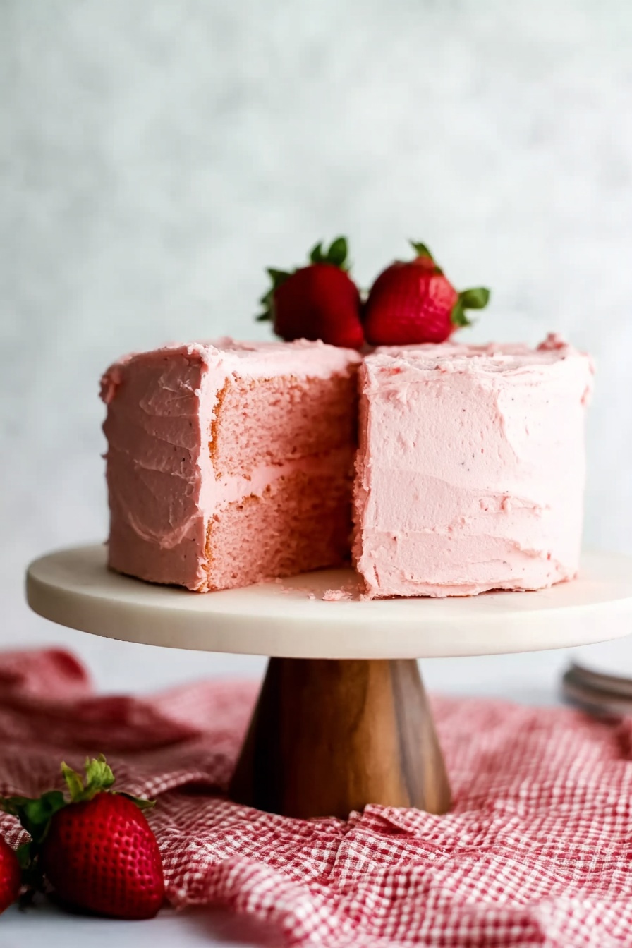 Strawberry Cake with Cream Cheese Frosting Recipe 8 A round cake with one slice removed shows a rich dark brown inside layer topped with a thick, smooth, and creamy pink frosting that has small red specks in it. The frosting is evenly spread in swirls on the top and sides of the cake. Two fresh whole strawberries with green leaves sit in the center on top of the pink frosting. The cake is placed on a white plate with a white marbled surface underneath. photo taken with an iphone --ar 2:3 --v 7 - Strawberry Cake with Cream Cheese Frosting, strawberry cake, cream cheese frosting recipe, summer dessert, easy strawberry cake
